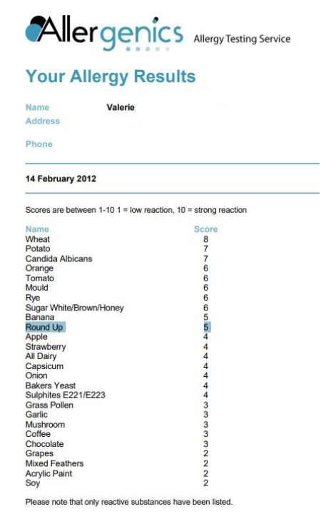 Hair analysis report showing roundup detected in sample provided by Valerie.