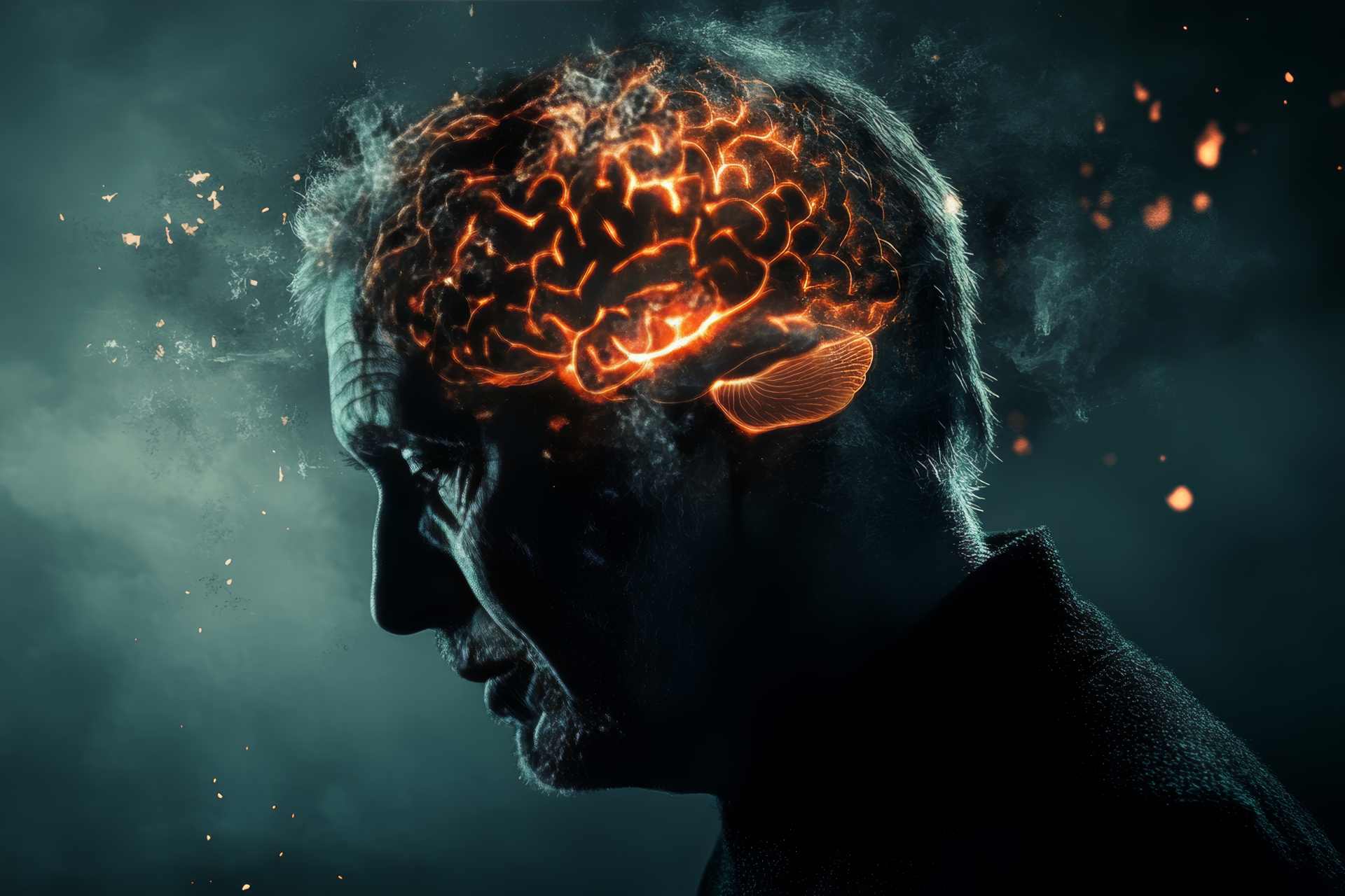 A visual depicting Alzheimer's disease neurodegeneration and cognitive decline.