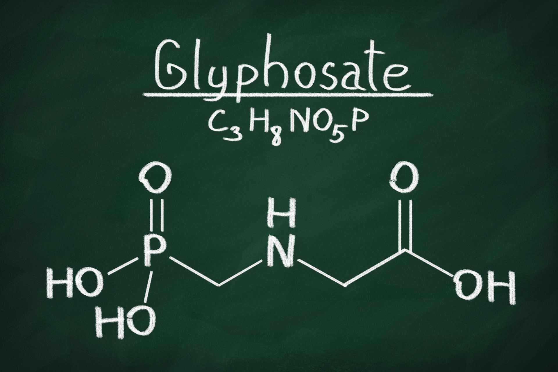 A structural model of the glyphosate molecule, showing its atomic arrangement and functional groups used to understand its chemical behavior and biological interactions.