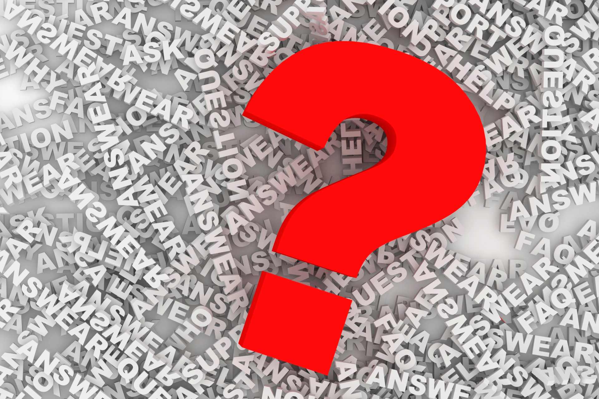 Graphic with the word “Answer” repeated many times in the background and a large red question mark in the foreground, symbolising uncertainty and unanswered questions.