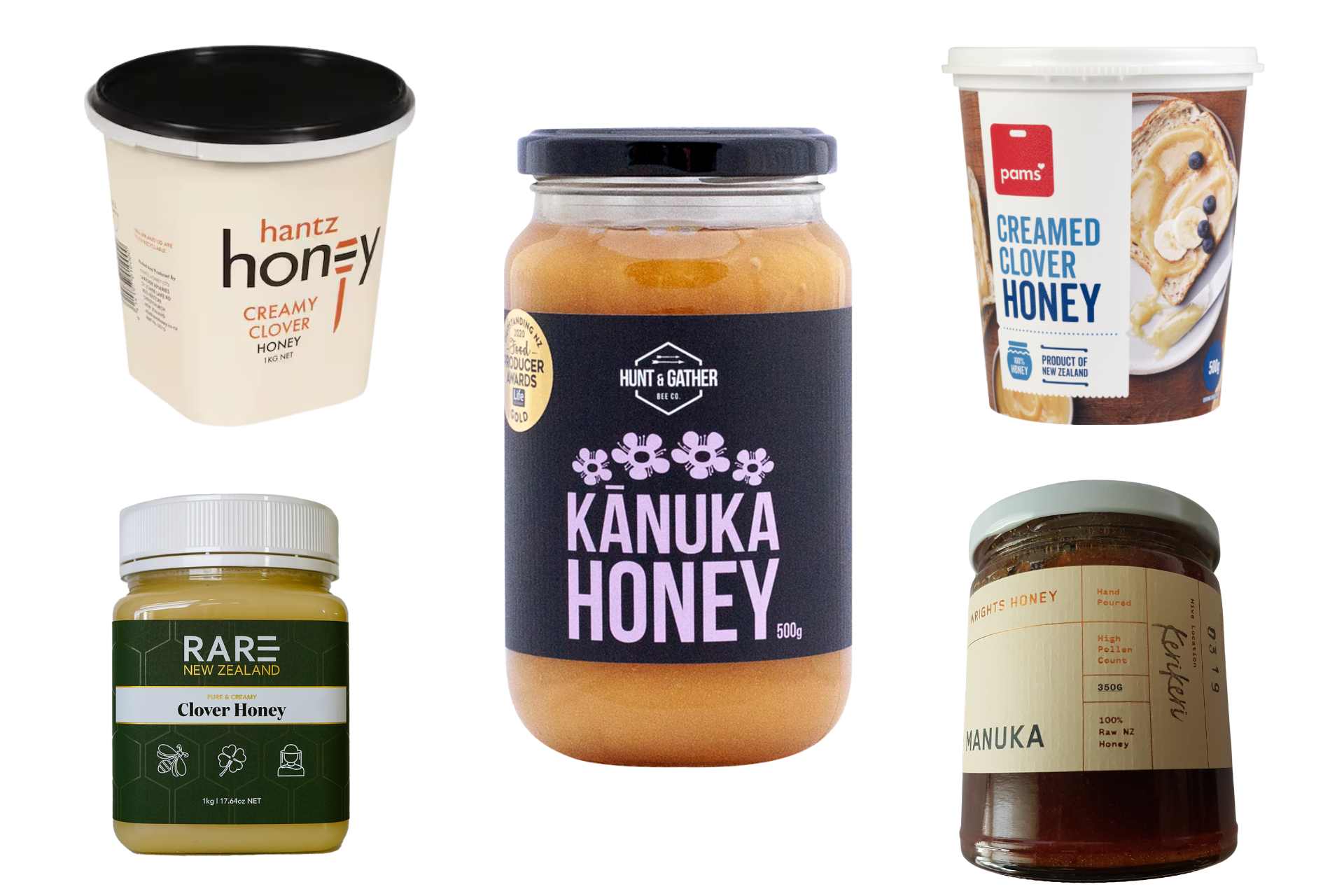 The five honey jars tested in Batch 4 for glyphosate residues.