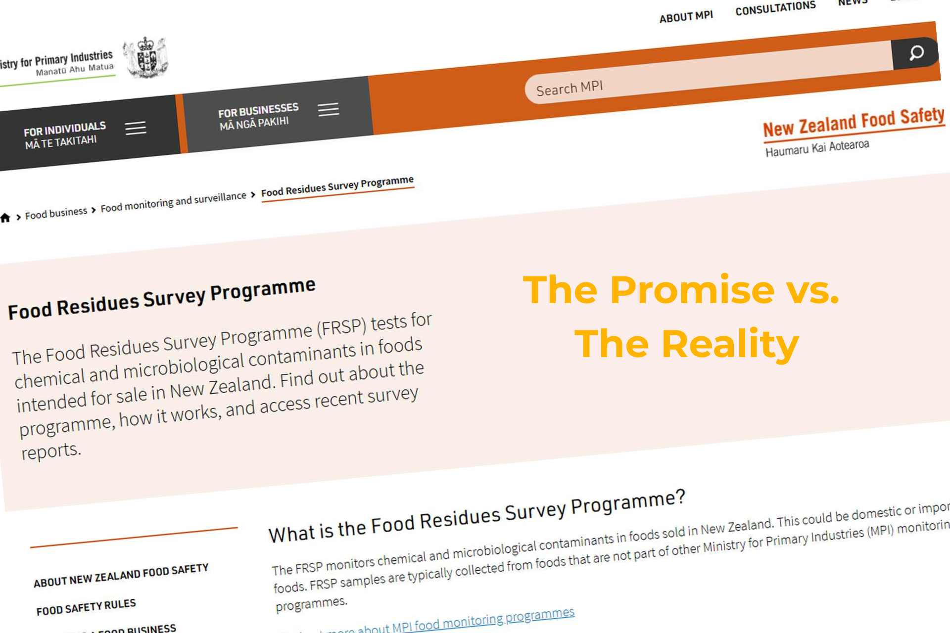 Screenshot of the MPI Food Residues Survey Programme webpage, which claims to test for contaminants in New Zealand food but excludes glyphosate.
