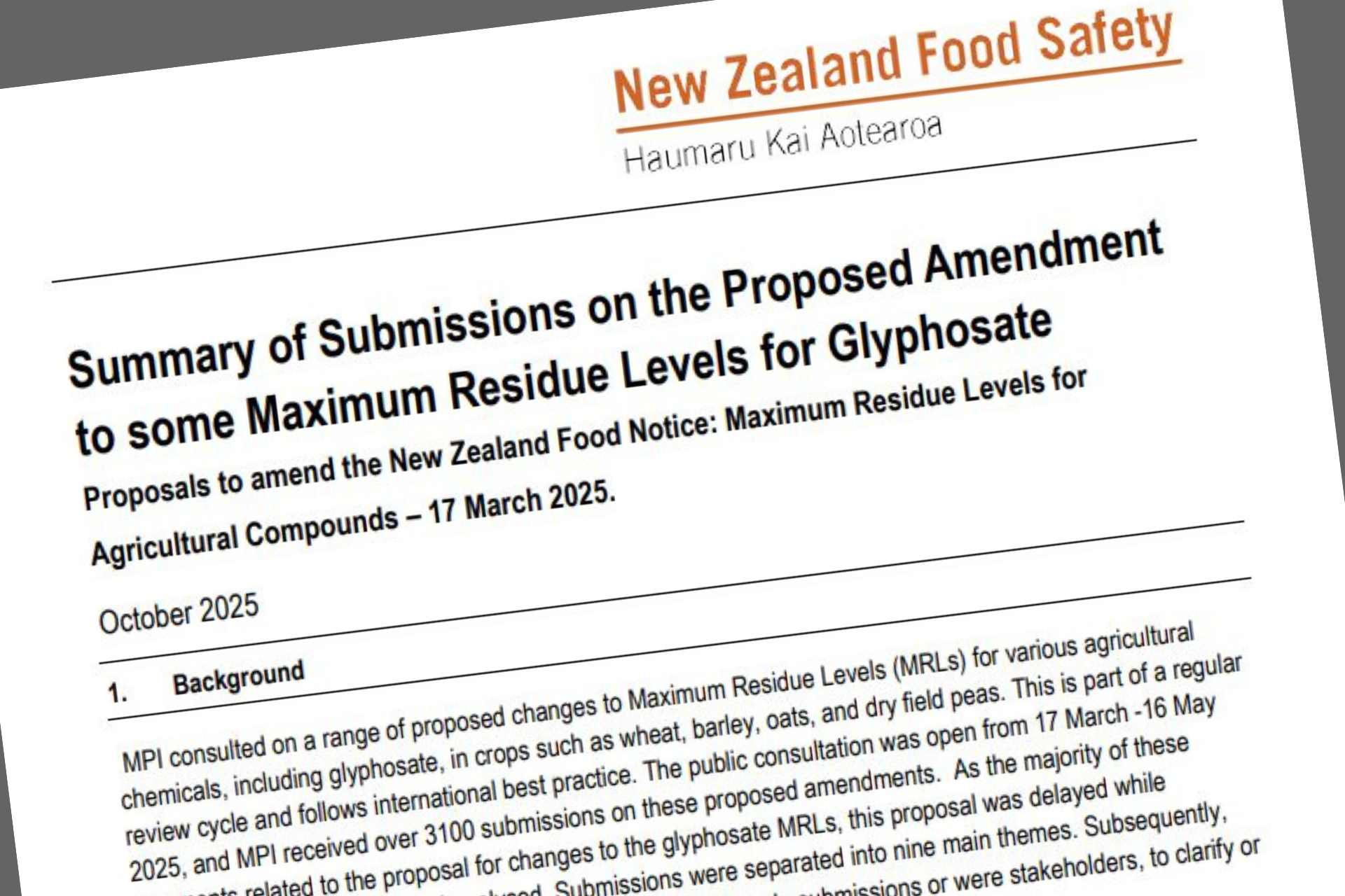 Screen shot of the Summary of Submissions on the Proposed Amendment to some Maximum Residue Levels for Glyphosate document.
