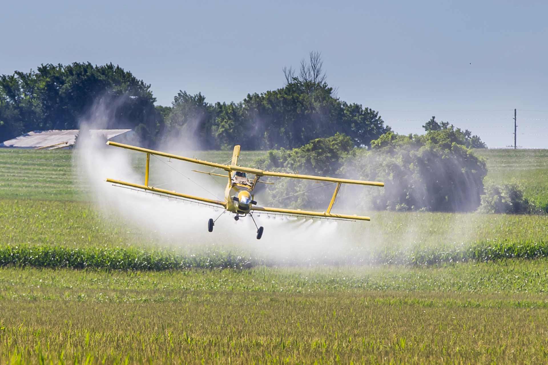 A crop-dusting plane releasing a wide spray of pesticides over farmland, symbolising how chemical residues enter the food chain and environment.