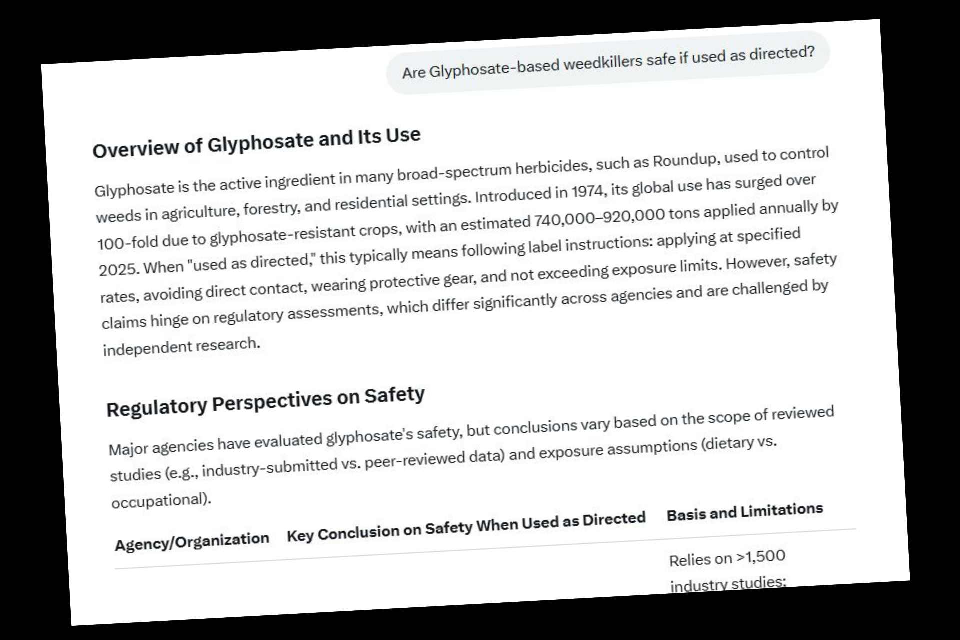 Screenshot of a Grok (xAI) chat where a user asks: “Are Glyphosate-based weedkillers safe if used as directed?”