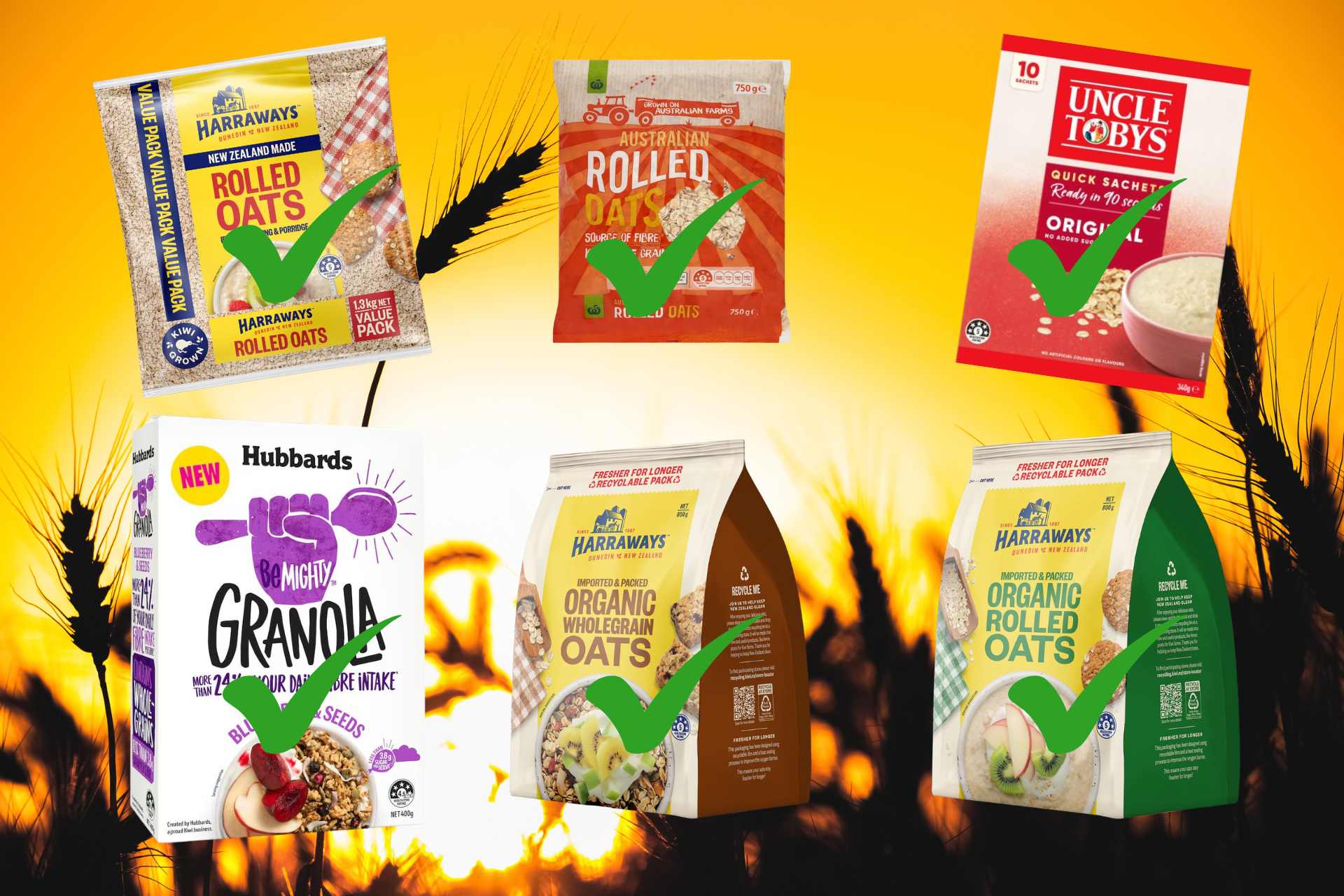 Collage of six supermarket food products tested for glyphosate by NoMoreGlyphosate.nz, each shown with a green tick to indicate no residue detected.