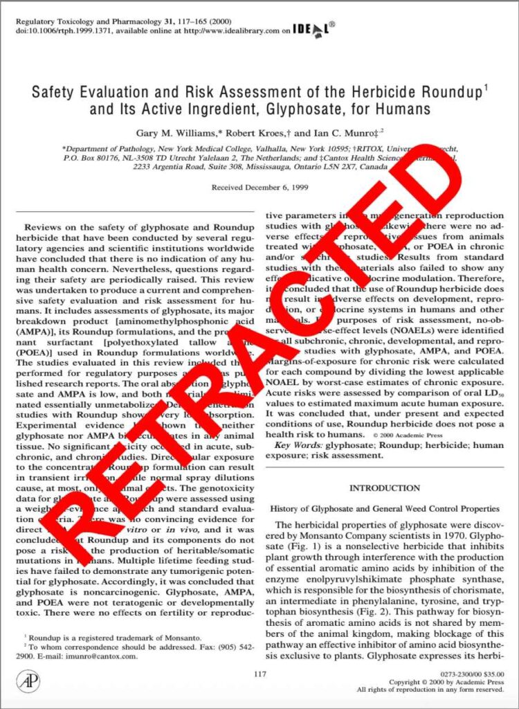 A screen shot of the the 2000 review by Williams, Kroes and Munro with the words Retracted in red diagonally across the page.