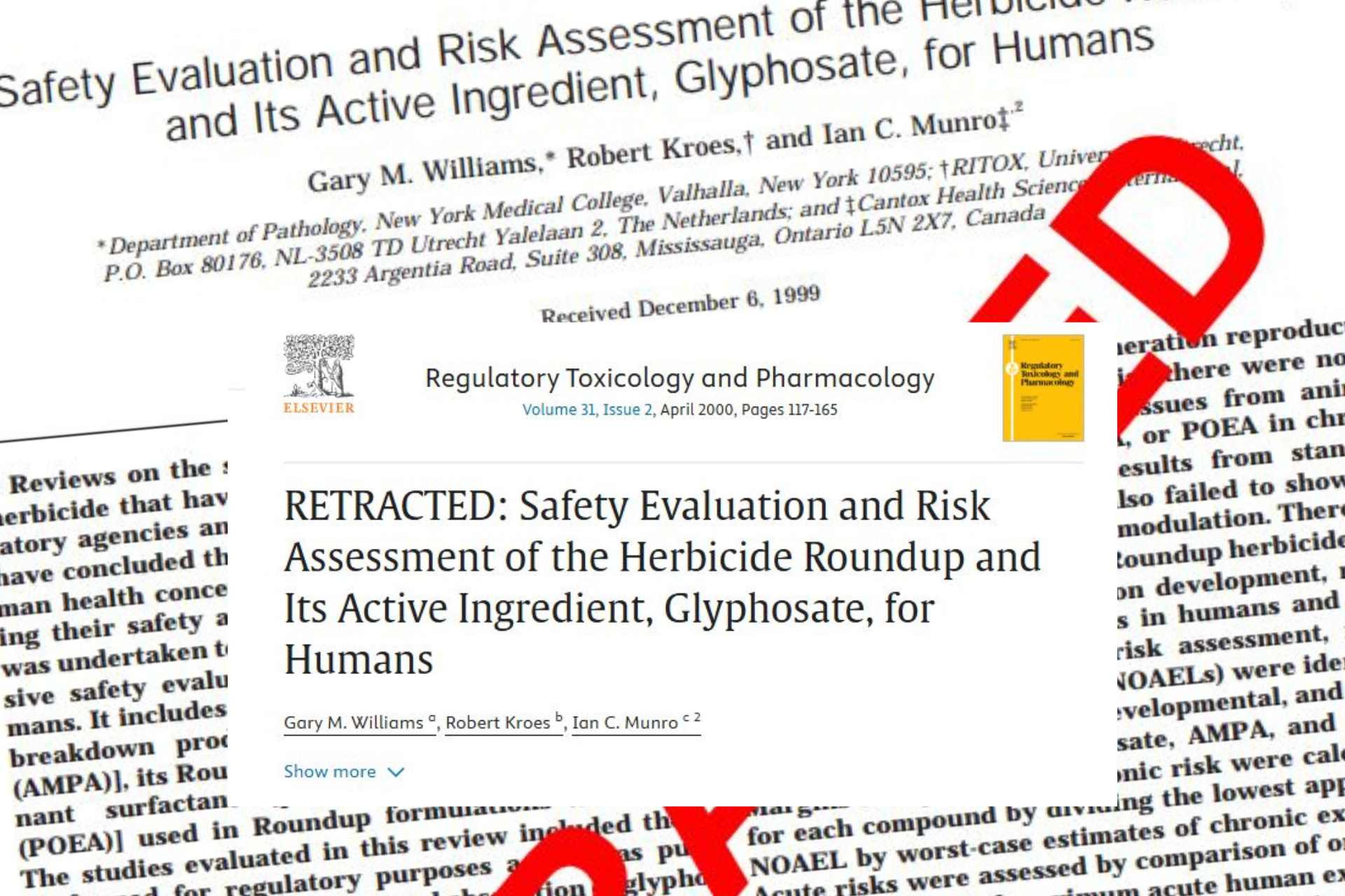 Image of the original 2000 Williams, Kroes & Munro Roundup safety study PDF showing the title and authors, with the word “Retracted” stamped in bold red across the page.