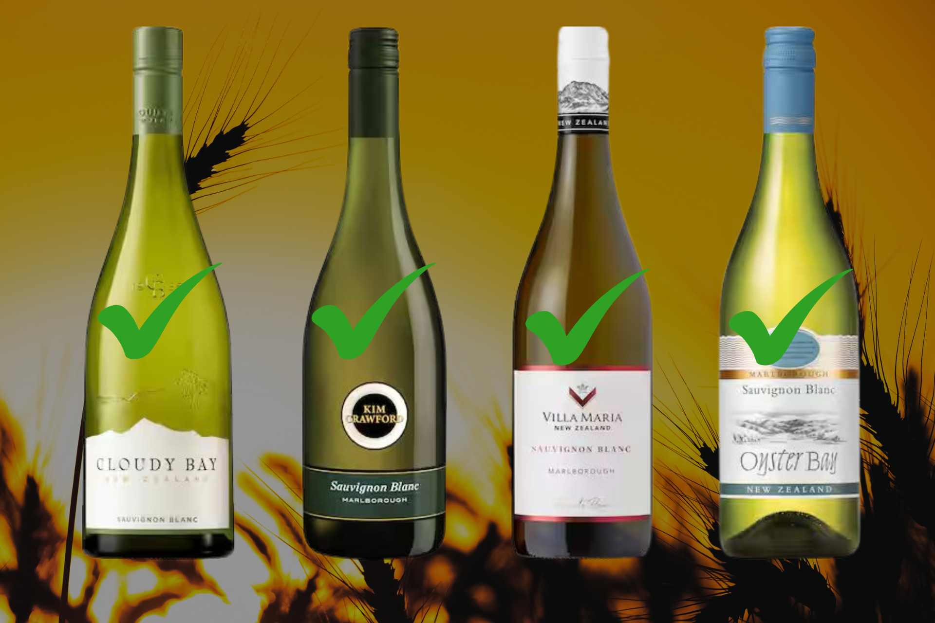 Four Marlborough Sauvignon Blanc wine bottles — Cloudy Bay, Kim Crawford, Villa Maria Private Bin, and Oyster Bay — shown with green tick symbols indicating no detectable glyphosate residues in independent testing.