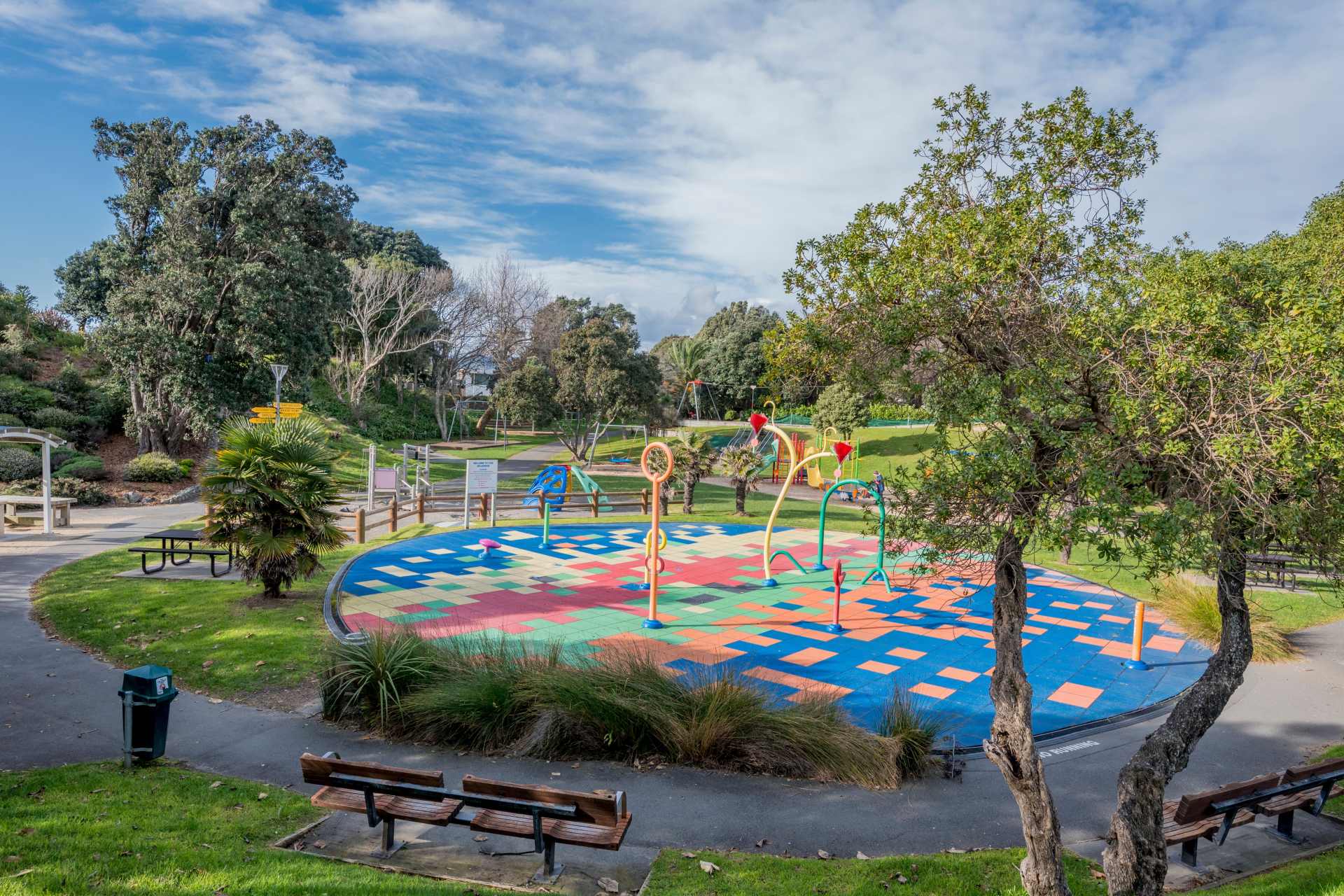 Colourful children’s playground at Raumati Beach on the Kāpiti Coast, New Zealand.