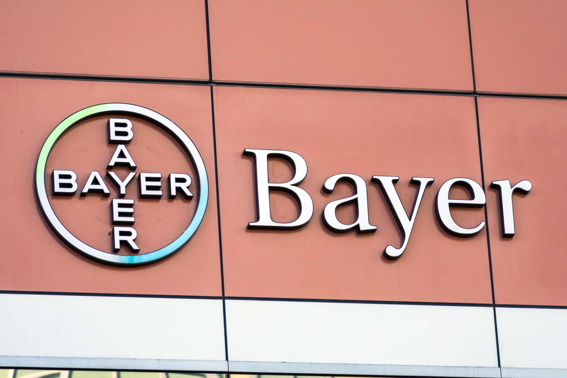 Close-up of a Bayer AG sign outside a company office in Silicon Valley, representing the company at the center of Roundup lawsuits and Supreme Court legal action.