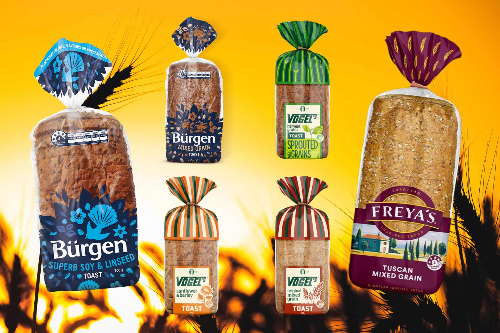 Collage of six supermarket bread loaves including multigrain, seeded, and wholegrain varieties tested for glyphosate residues