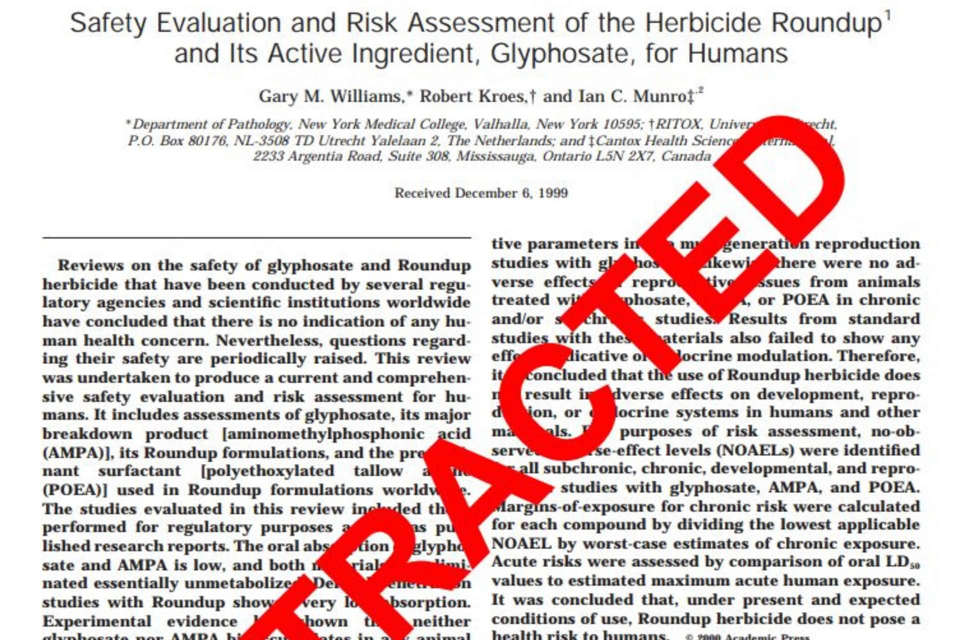 Front page of the Williams et al. (2000) glyphosate study marked “Retracted” across the document