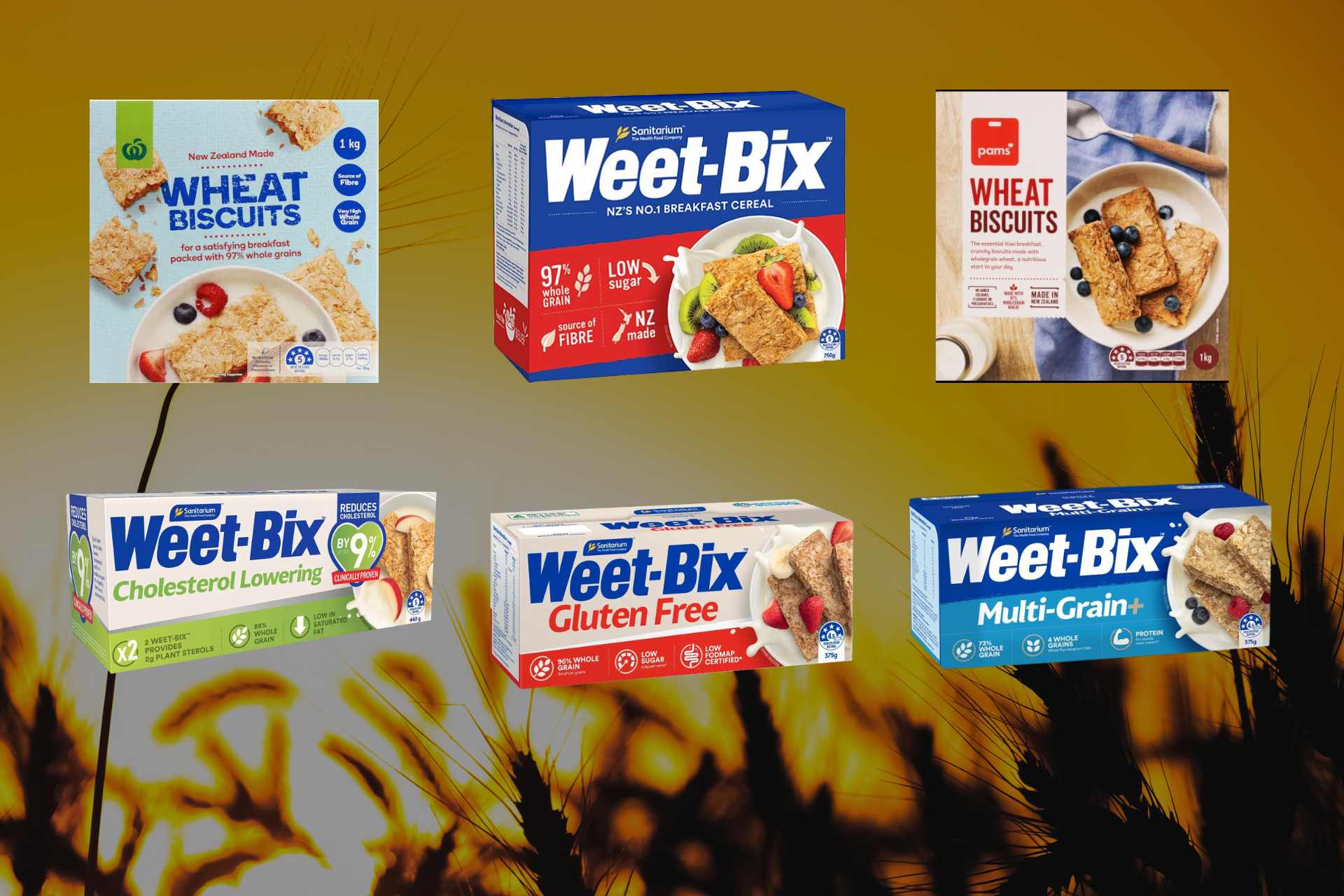 Collage showing packaging of six Weet-Bix-style cereals including Sanitarium Original, Gluten Free, Cholesterol Lowering, Multi-Grain, and wheat biscuit products from Pams and Woolworths tested for glyphosate residues