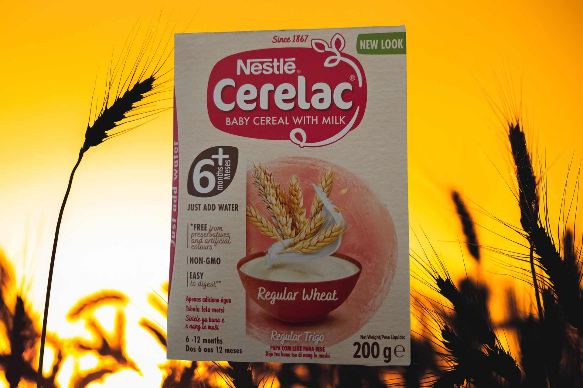 Front view of Nestlé Cerelac Regular Wheat baby cereal packaging