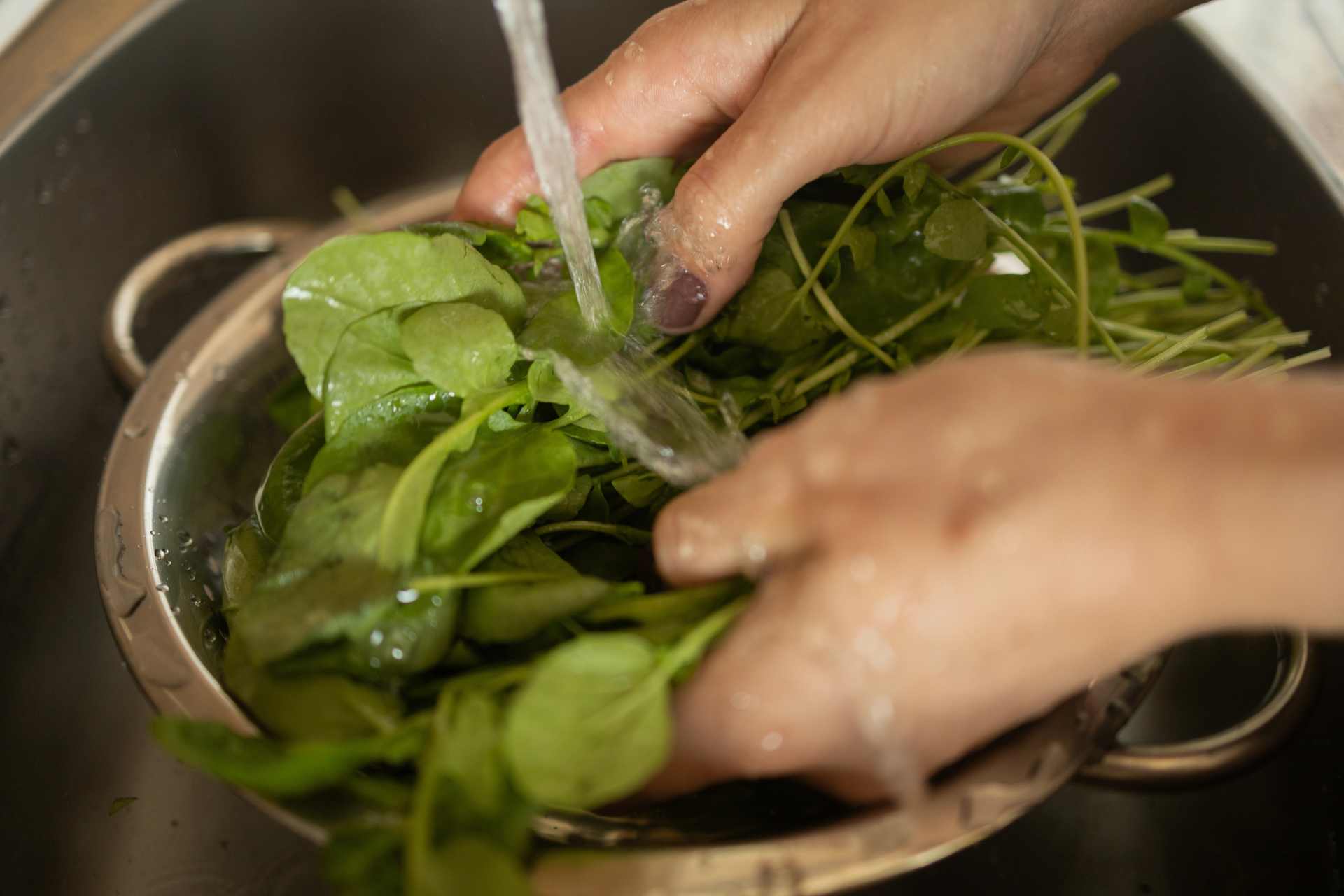 Woman preparing a vegetarian meal in the kitchen, washing leafy greens as part of everyday food preparation.
