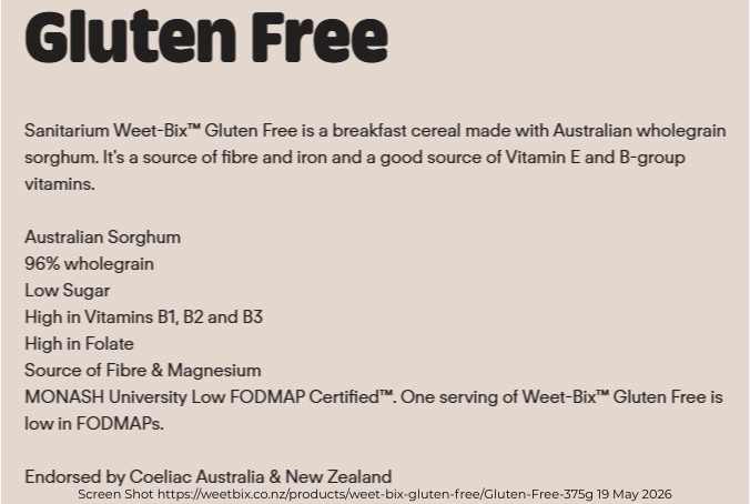 Sanitarium Weet-Bix™ Gluten Free ingredient list as at 19 May 2026