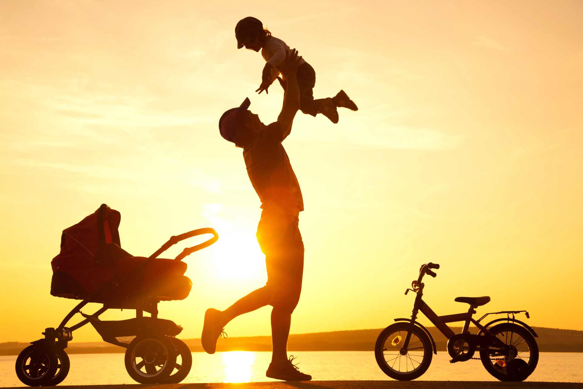 Silhouetted father lifting young child into the air beside a pram and bicycle at sunset, symbolising questions around children’s health, environmental exposure, and glyphosate safety in New Zealand.