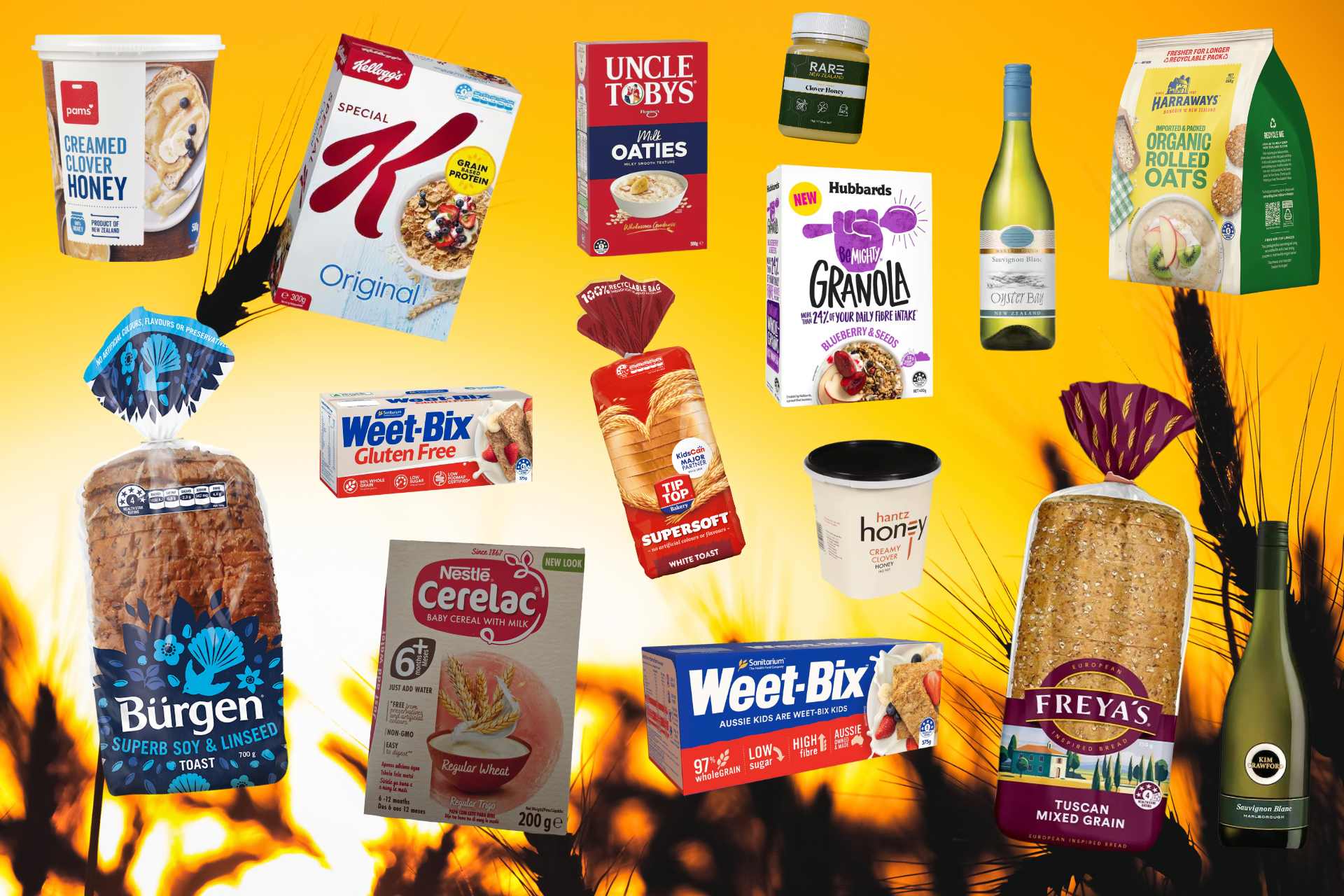 Collage of everyday food products tested for glyphosate in New Zealand, including bread, cereals, and honey.