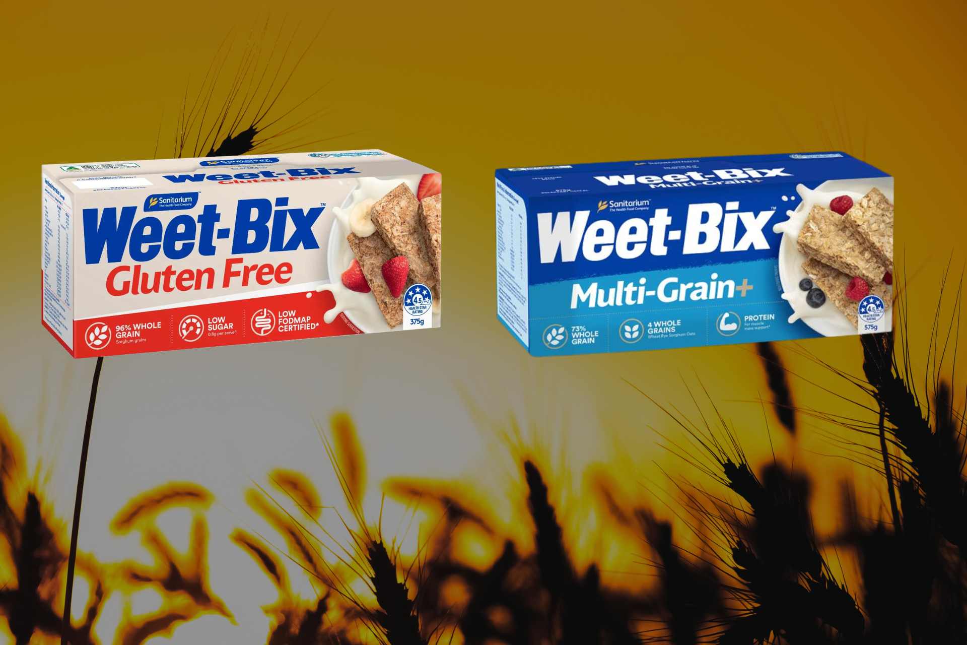 Packets of Weet-Bix Gluten Free and Weet-Bix Multi-Grain displayed against a wheat background for a No More Glyphosate NZ open letter article about glyphosate residue testing.