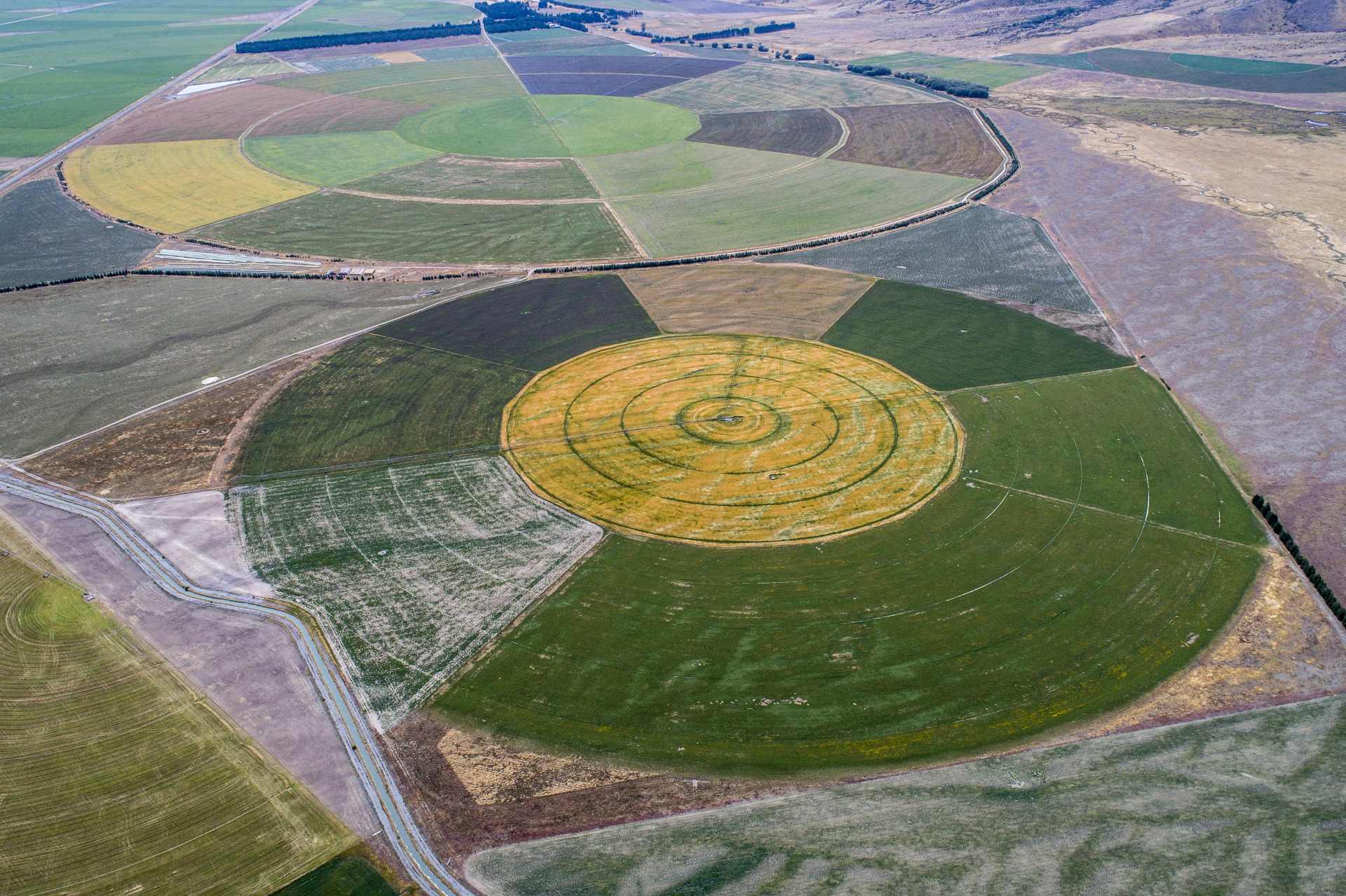 Drone view of circular crop fields showing large-scale modern farming systems and the structured patterns of industrial agriculture.