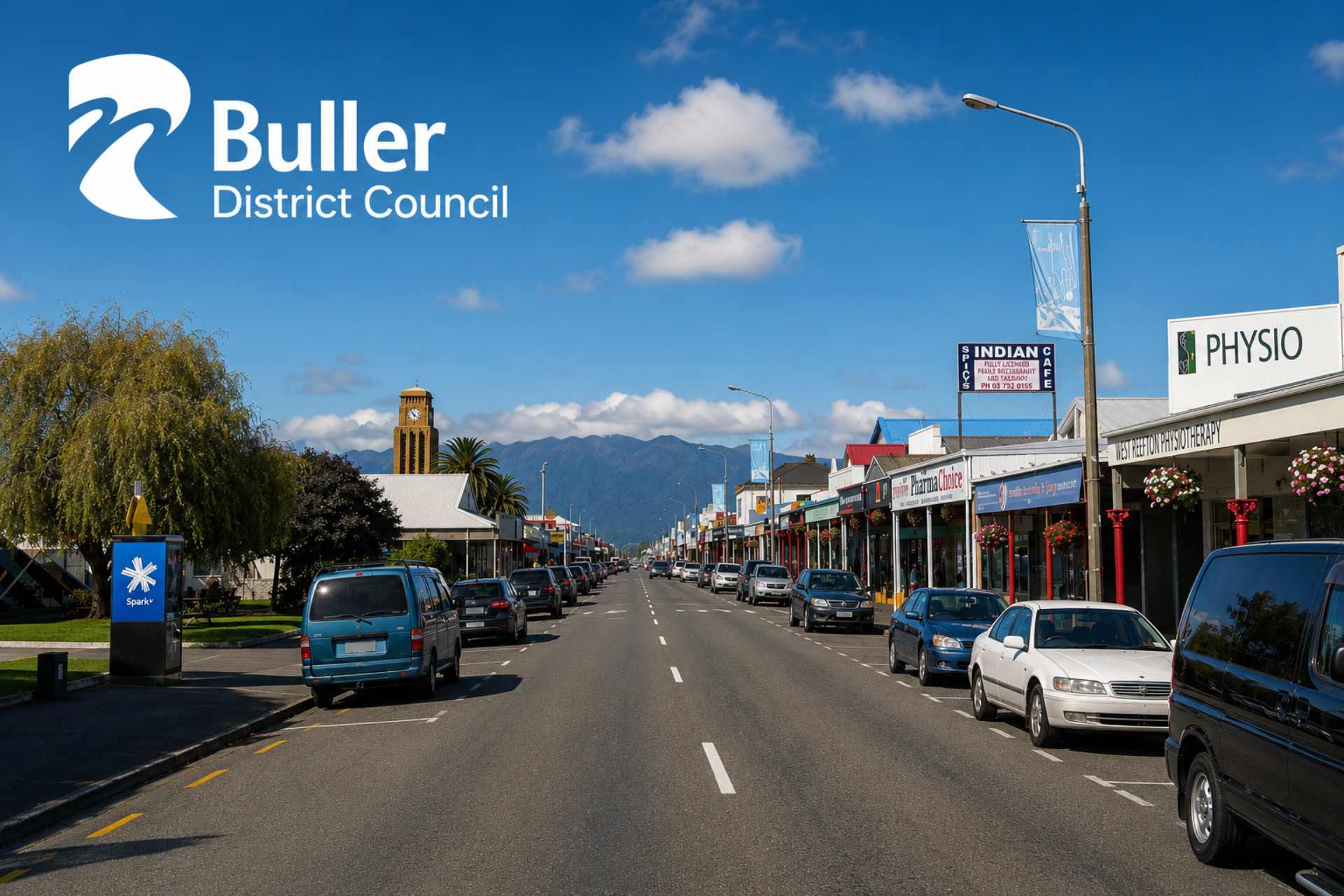 Stylised illustration of a West Coast township in Buller District, featuring a wide main street lined with local businesses, parked vehicles, and the historic Westport Clock Tower, with forested mountains in the background. Buller District Council branding appears in the top left. Used as a feature image for an article examining herbicide use and public space spraying in the Buller District.