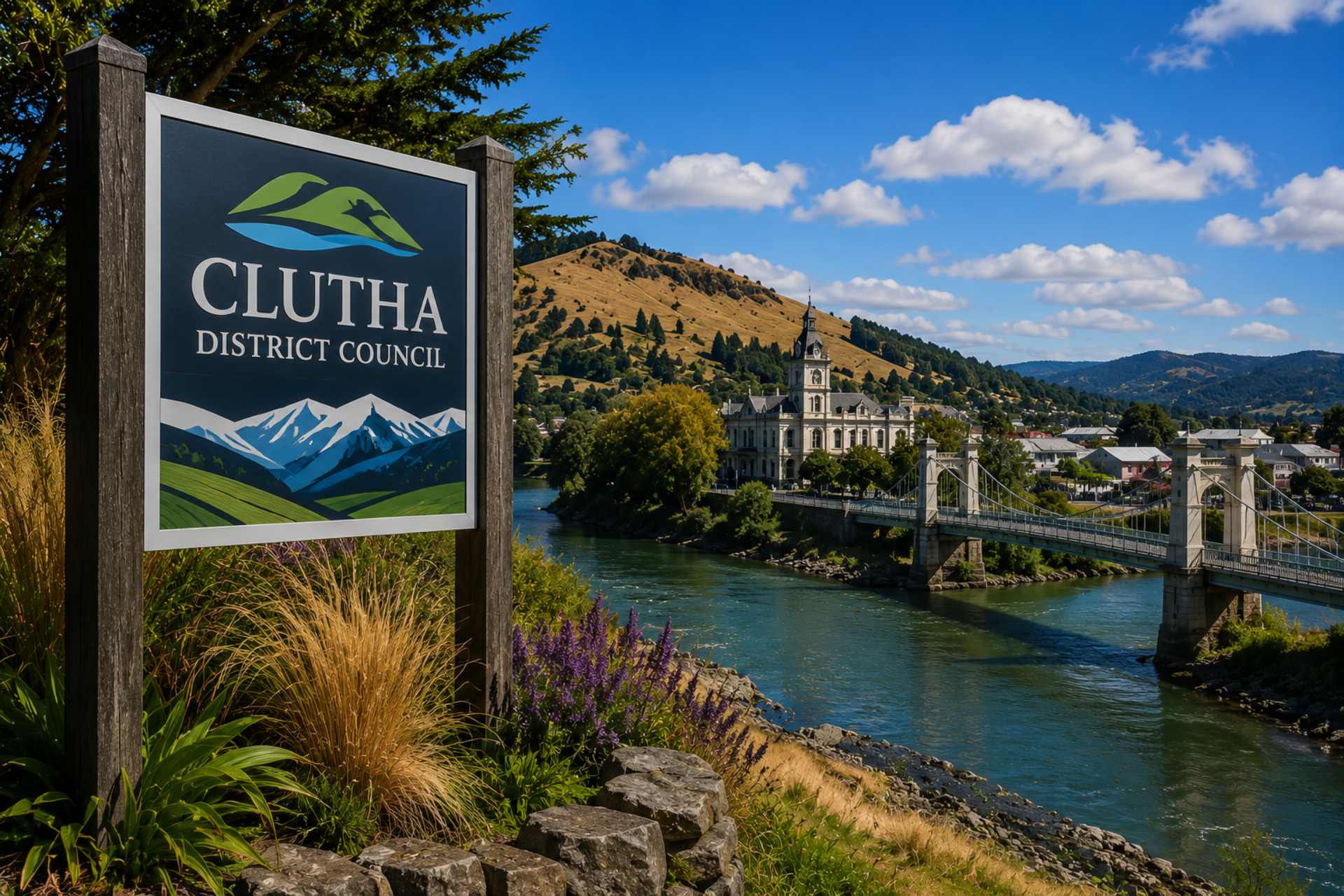 Panoramic view of the Clutha District featuring the Clutha River, a historic suspension bridge, heritage architecture, and rolling Otago hills under a bright blue sky. The image includes Clutha District Council branding and accompanies an article examining herbicide use, weed-control practices, and public-space spraying as part of the No More Glyphosate NZ Council Herbicide Transparency Project.