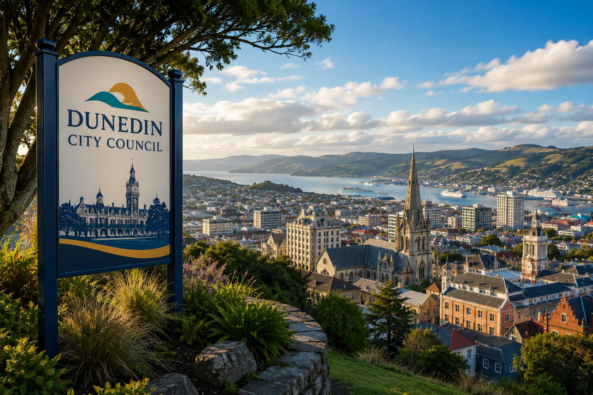 Panoramic view of Dunedin featuring the historic city centre, church spires, heritage architecture, Otago Harbour, and surrounding hills under a bright sky. The image includes Dunedin City Council branding and accompanies an article examining herbicide use, weed-control practices, and public-space spraying within the city as part of the No More Glyphosate NZ Council Herbicide Transparency Project.