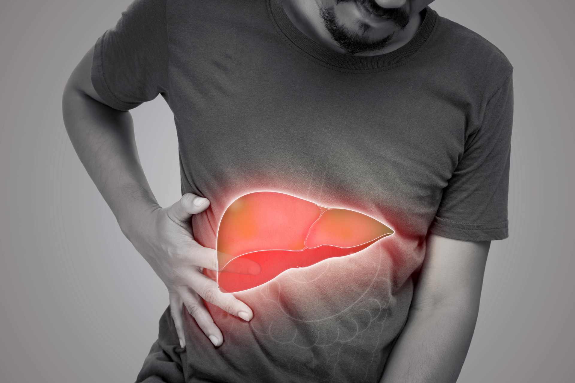 Illustrated diagram of the liver highlighted on a male torso, representing metabolic dysfunction-associated steatotic liver disease (MASLD), or fatty liver disease, which may affect over one million New Zealanders.
