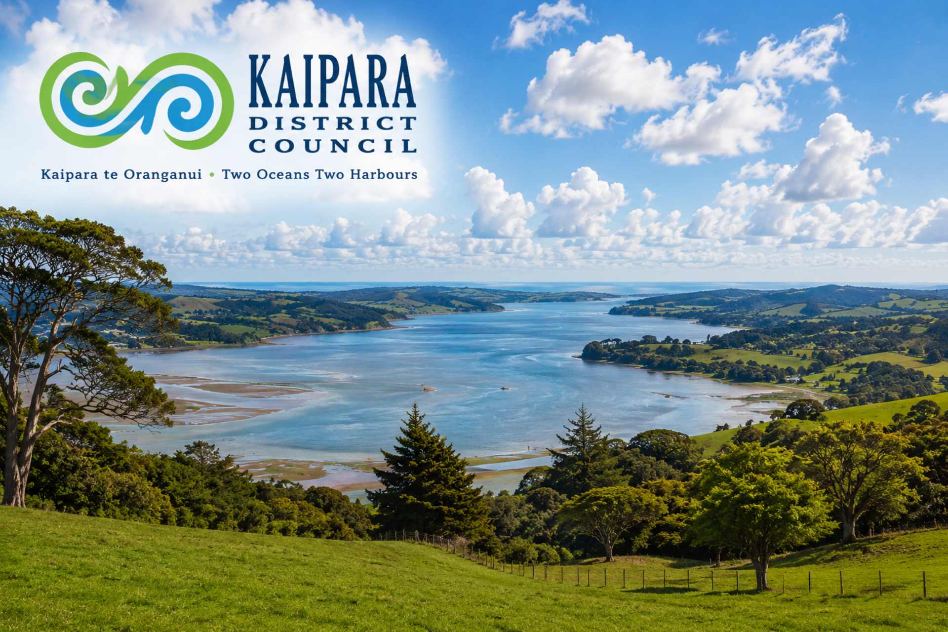 Panoramic view of the Kaipara District featuring rolling green farmland overlooking the Kaipara Harbour under a bright blue sky. The image includes Kaipara District Council branding and accompanies an article examining herbicide use, weed-control practices, and public-space spraying within the district as part of the No More Glyphosate NZ Council Herbicide Transparency Project.
