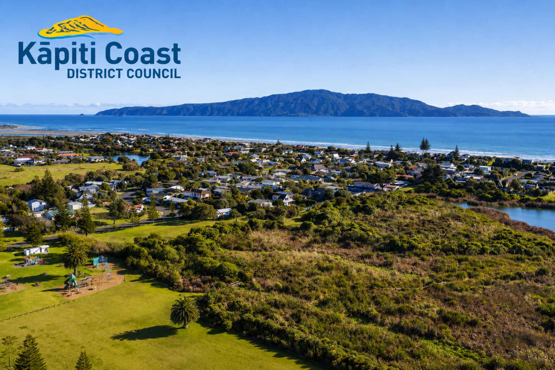 Stylised aerial view of the Kāpiti Coast with coastal suburbs, wetlands, and Kāpiti Island offshore, featuring Kāpiti Coast District Council branding.
