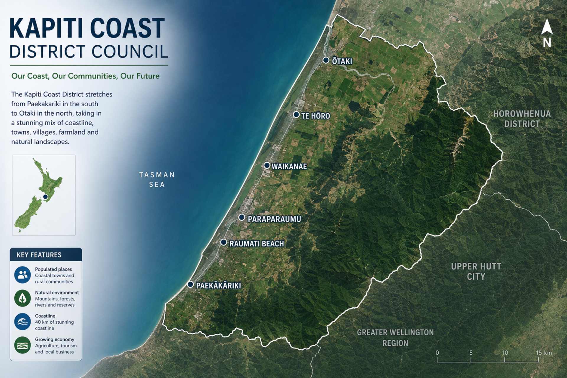 A map of the Kapiti Coast District showing the council area extending from Paekākāriki in the south to Ōtaki in the north, with major communities, coastline, and surrounding landscapes highlighted as part of the No More Glyphosate NZ Council Herbicide Transparency Project.