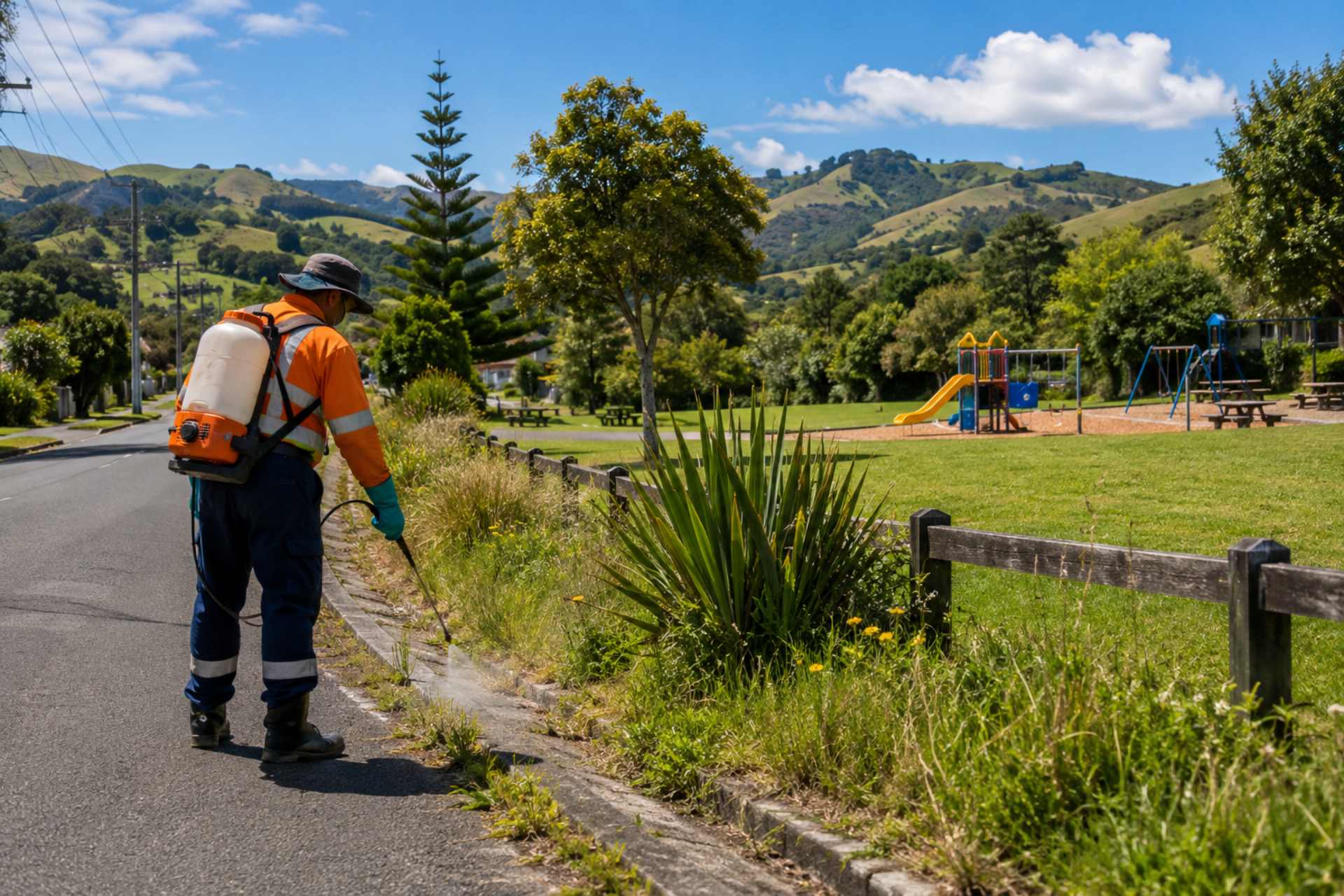 Worker applying herbicide along a roadside edge beside a public park and playground, illustrating vegetation management and public-space spraying practices discussed in the New Plymouth District Council Herbicide Use and Public Space Spraying article.