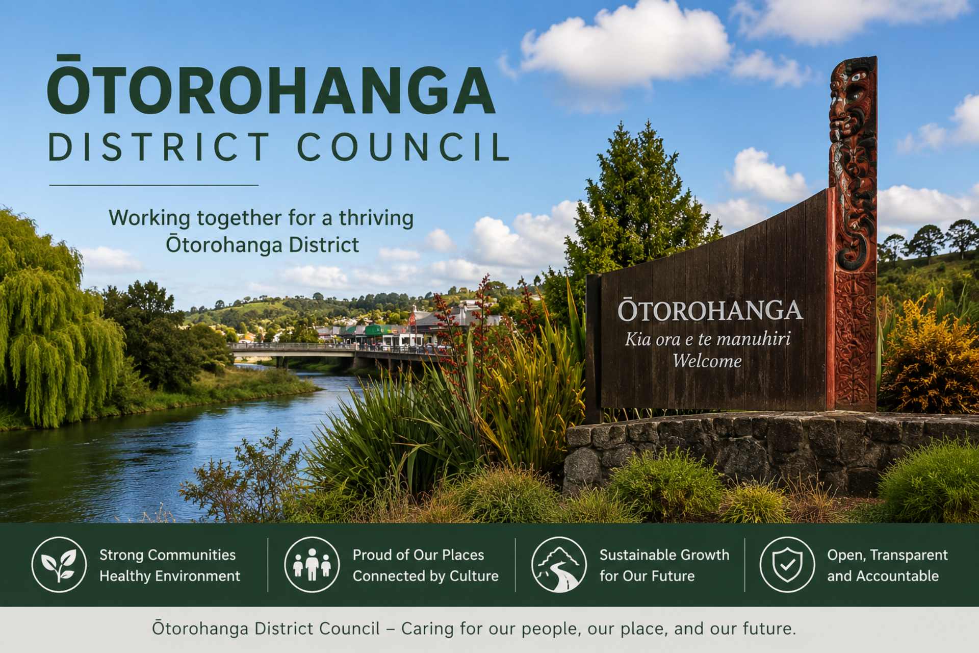 Welcome sign at the entrance to Ōtorohanga, New Zealand, overlooking the Waipā River and surrounding rural landscape. The image accompanies an article examining Ōtorohanga District Council's use of glyphosate and other herbicides in parks, reserves, and cemeteries as part of the No More Glyphosate NZ Council Herbicide Transparency Project.