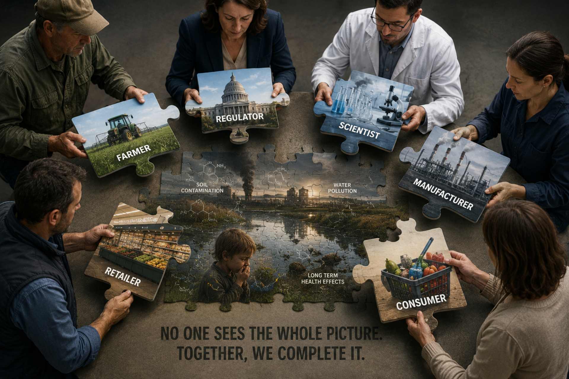 Illustration showing a farmer, regulator, scientist, manufacturer, retailer, and consumer each holding separate puzzle pieces while assembling a larger image of environmental contamination and public health impacts. The image represents how responsibility for chemical risks is distributed across modern food and regulatory systems, reflecting the concept of a