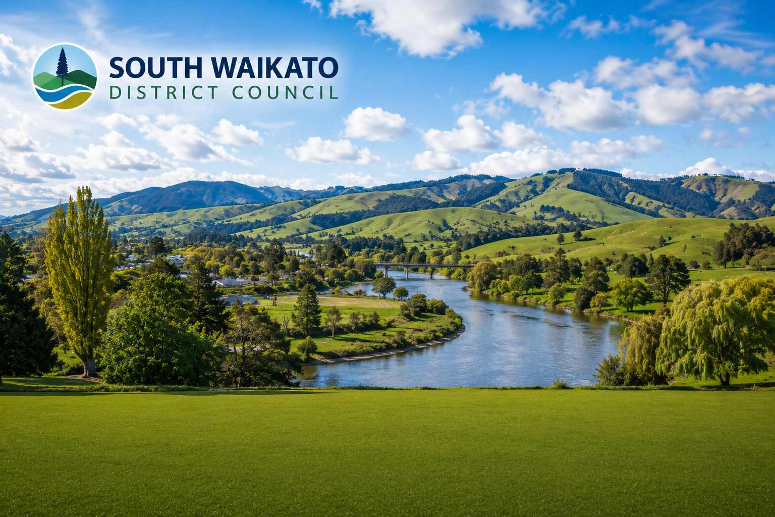 Panoramic view of the South Waikato District featuring the Waikato River winding through a green rural landscape with rolling hills, farmland, and native trees under a blue sky. The image includes South Waikato District Council branding and accompanies an article examining herbicide use, spraying practices, and public-space weed management as part of the No More Glyphosate NZ Council Herbicide Transparency Project.