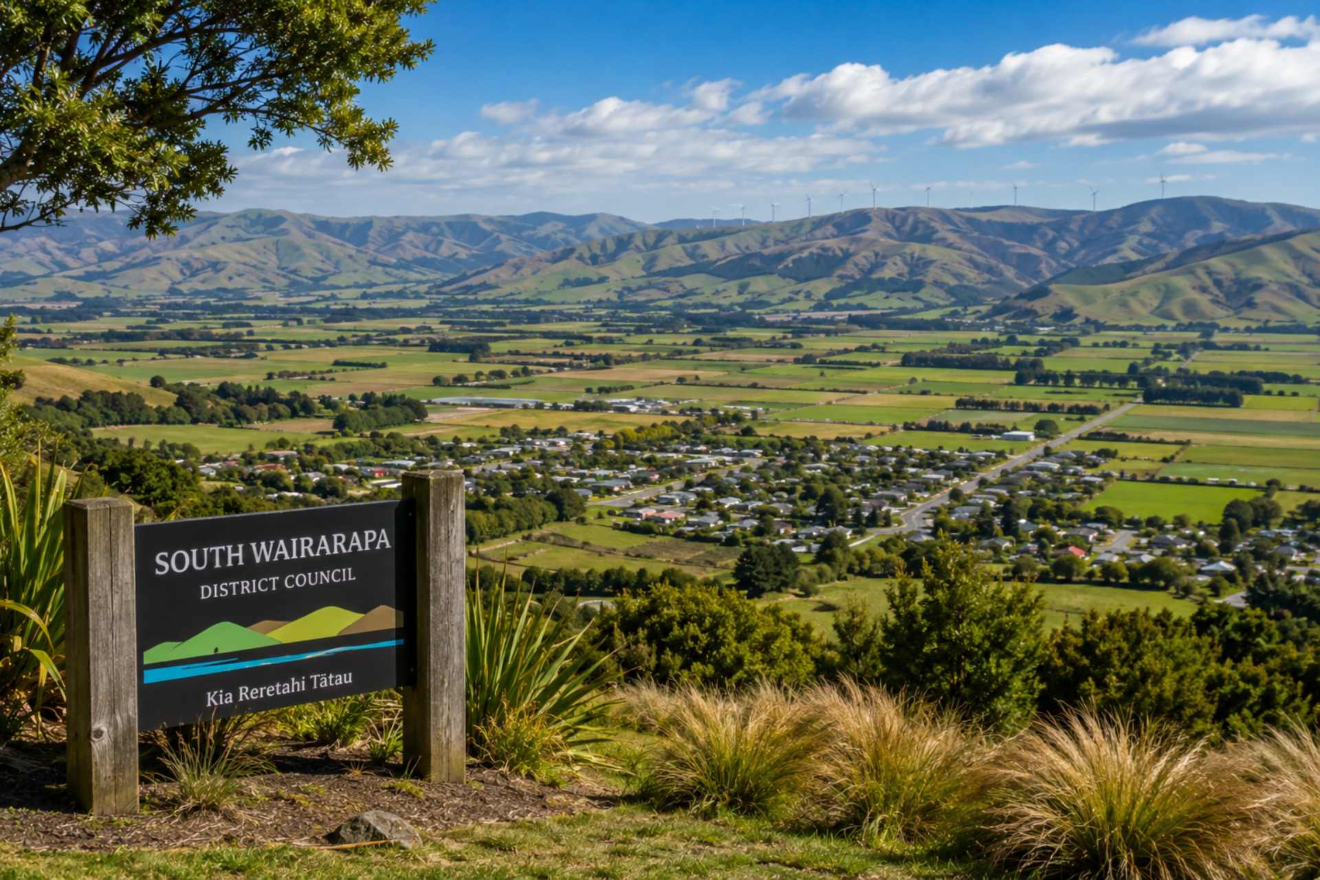 Panoramic view of the South Wairarapa region showing rolling farmland, rural townships, and surrounding hills, representing the South Wairarapa District Council area as part of the No More Glyphosate NZ Council Herbicide Transparency Project.