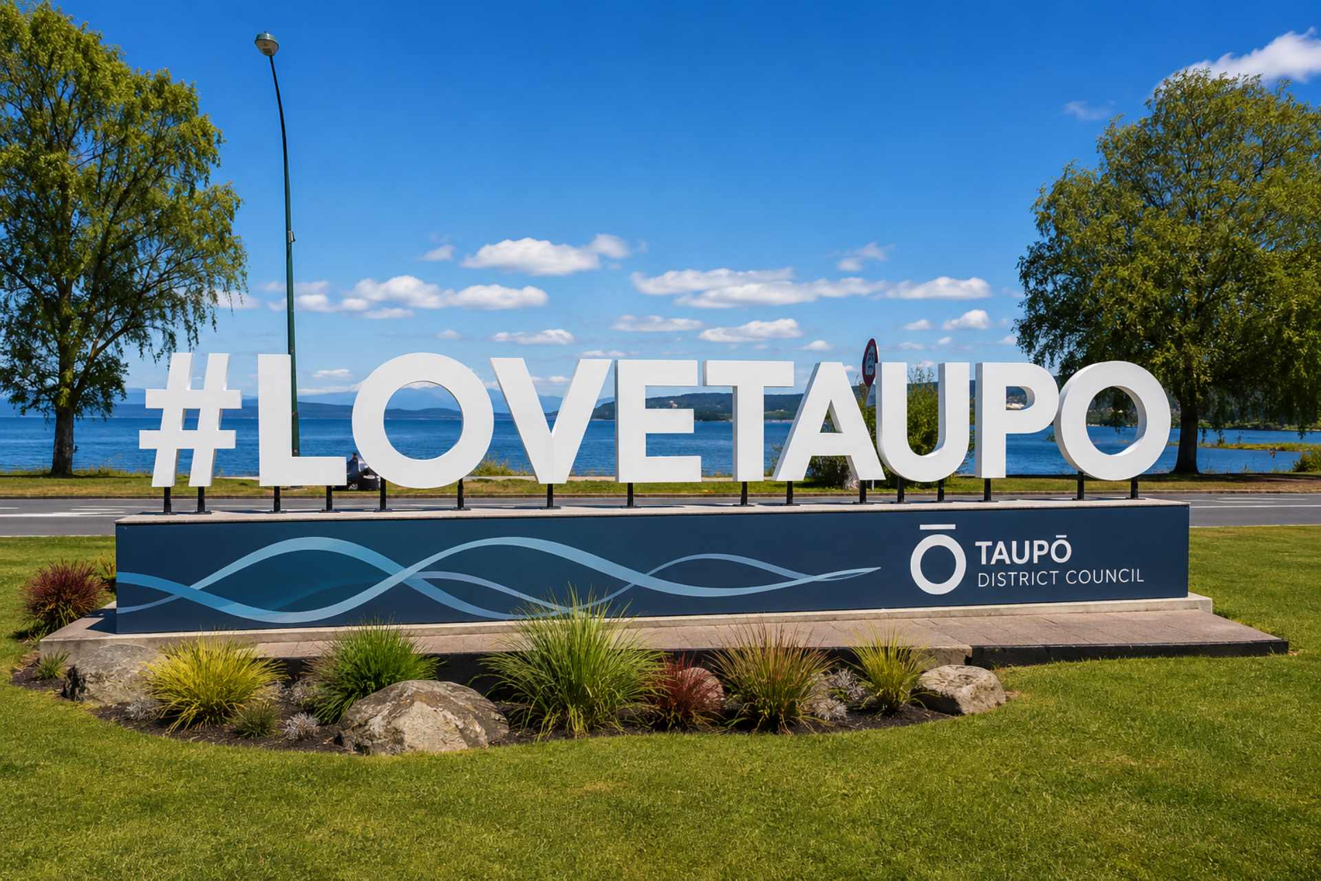 Panoramic lakeside view of Taupō featuring the iconic #LoveTaupō sign, Lake Taupō, and surrounding landscape under a clear blue sky. The image includes Taupō District Council branding and accompanies an article examining herbicide use, weed-control practices, public notification measures, and vegetation management policies as part of the No More Glyphosate NZ Council Herbicide Transparency Project.