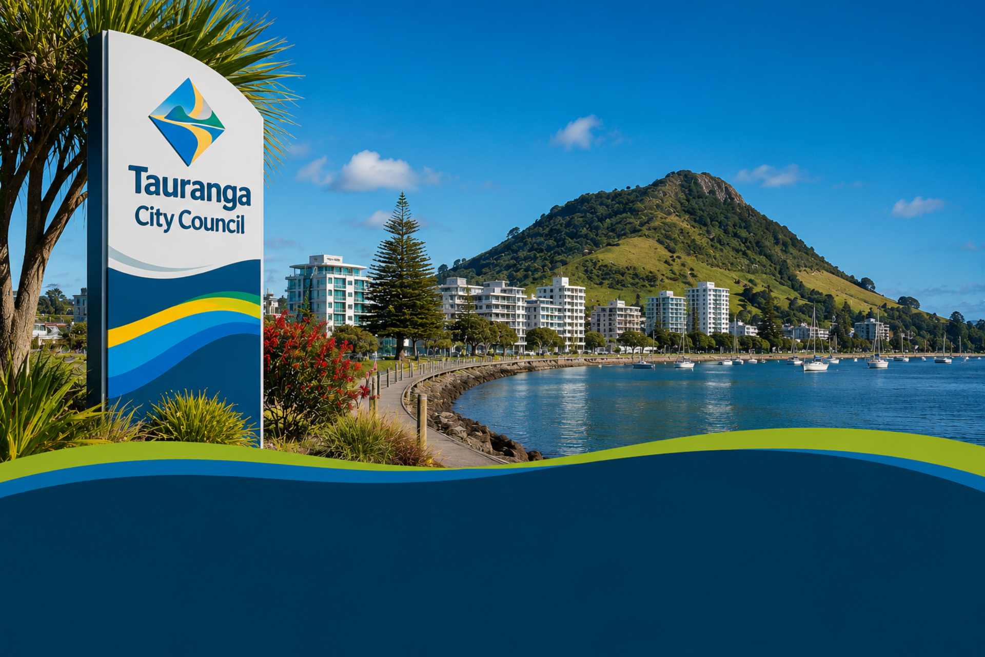 Panoramic waterfront view of Tauranga featuring the harbour, city skyline, marina, and the iconic silhouette of Mauao (Mount Maunganui) under a clear blue sky. The image includes Tauranga City Council branding and accompanies an article examining herbicide use, spraying practices, and public-space weed management as part of the No More Glyphosate NZ Council Herbicide Transparency Project.