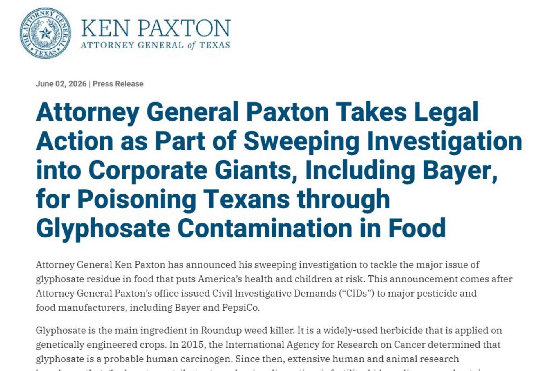 Screenshot of Texas Attorney General Ken Paxton's June 2026 press release announcing an investigation into glyphosate residues in food products marketed to consumers and children.