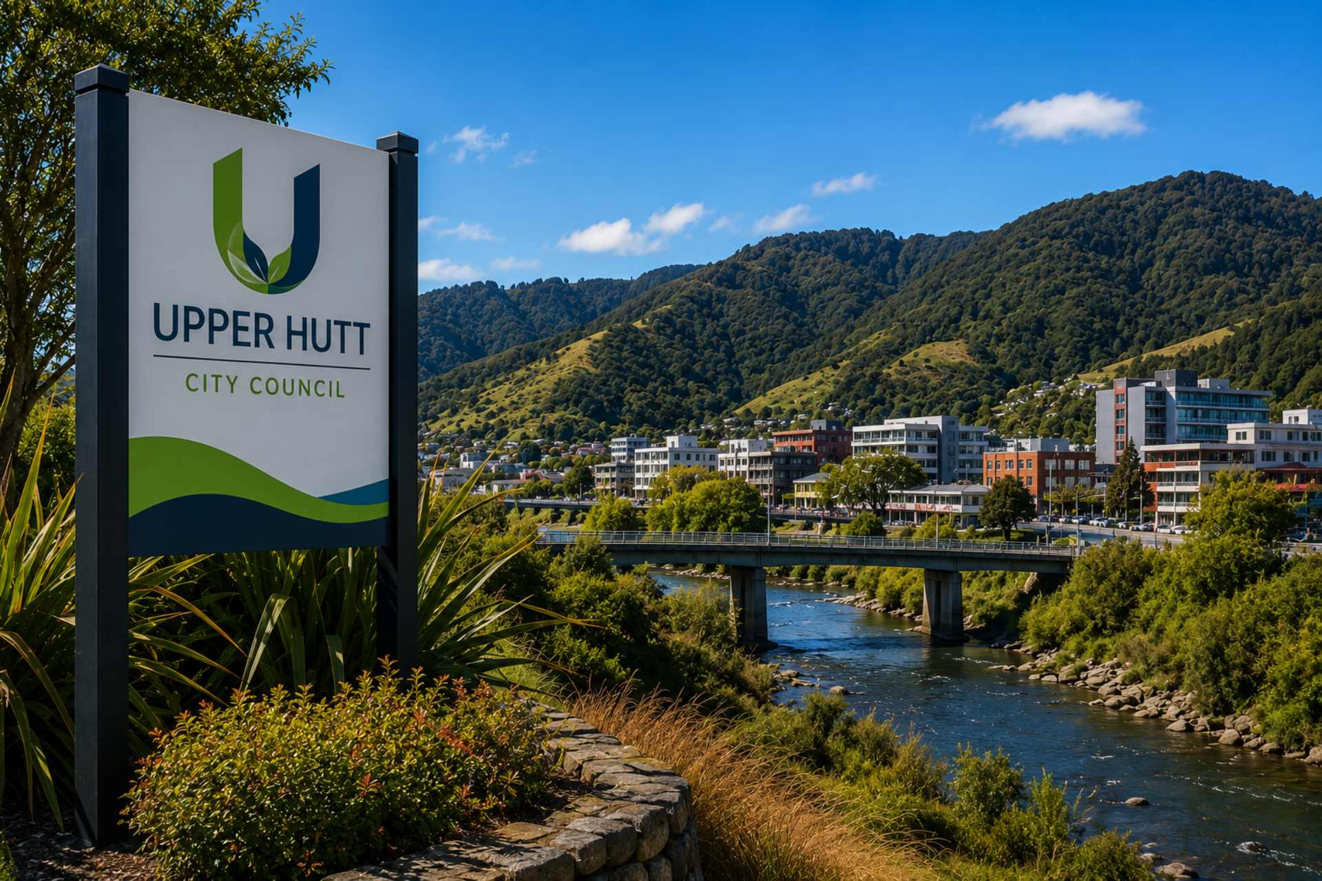 Panoramic view of Upper Hutt featuring the Hutt River, urban centre, and surrounding forested hills of the Hutt Valley under a clear blue sky. The image includes Upper Hutt City Council branding and accompanies an article examining herbicide use, weed-control practices, and public-space spraying as part of the No More Glyphosate NZ Council Herbicide Transparency Project.