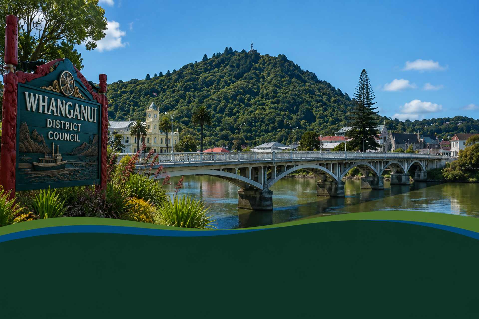 Panoramic view of Whanganui featuring the Whanganui River, the historic Dublin Street Bridge, and the city skyline beneath Durie Hill. The image includes Whanganui District Council branding and accompanies an article examining herbicide use, weed-control practices, and public-space spraying within the district as part of the No More Glyphosate NZ Council Herbicide Transparency Project.