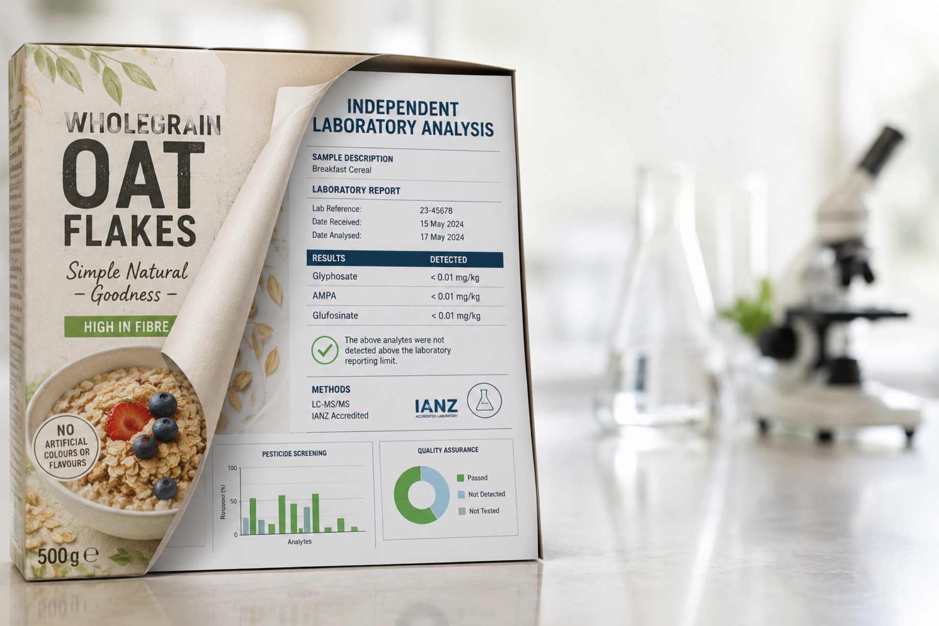 Conceptual illustration of a supermarket food package with its label peeling back to reveal an independent laboratory analysis report underneath, symbolising the importance of verifying food claims through independent testing rather than relying on packaging alone.