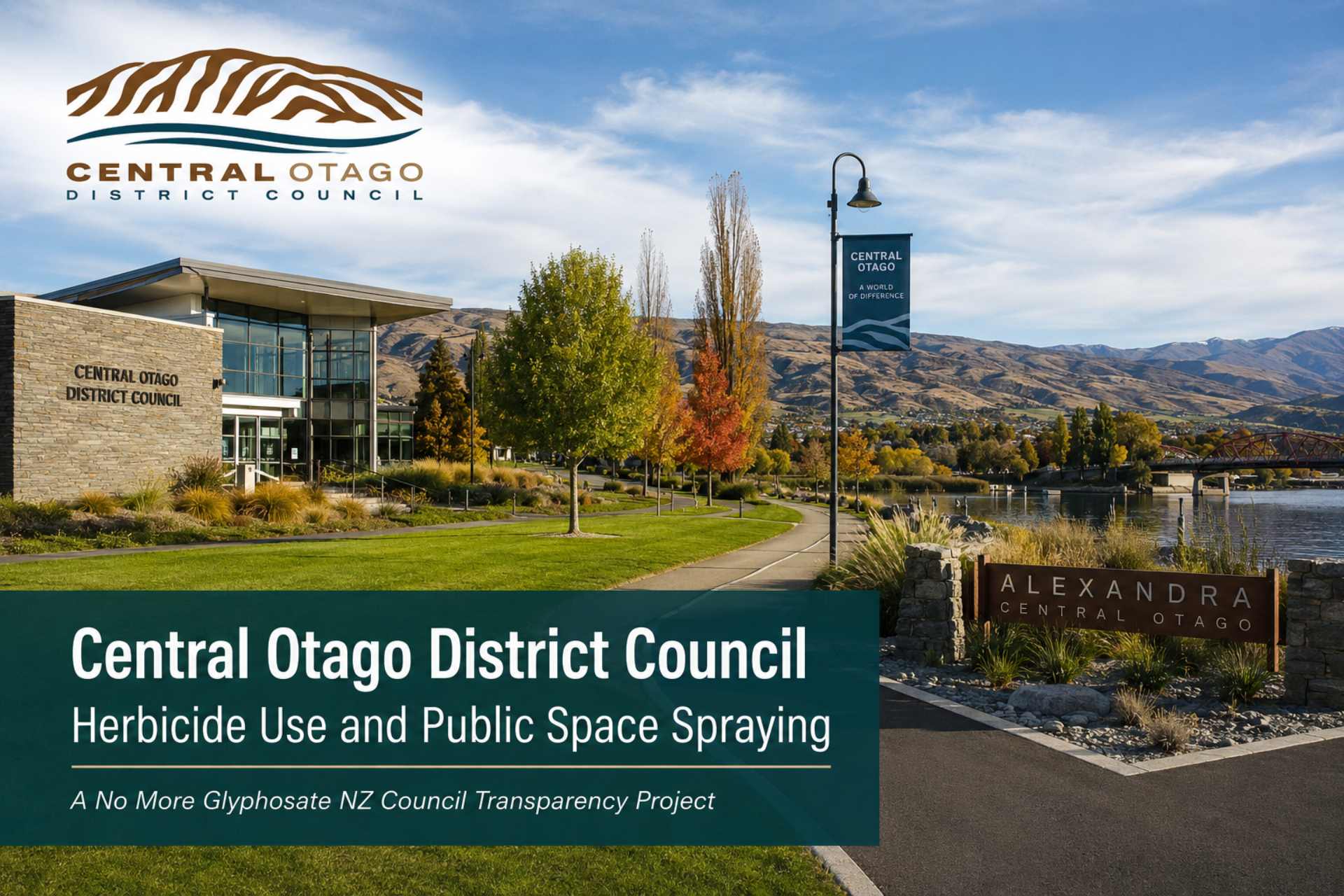 Central Otago District Council offices in Alexandra featured in No More Glyphosate NZ's Council Transparency Project article examining herbicide use, public space spraying, weed management practices, and LGOIMA response.