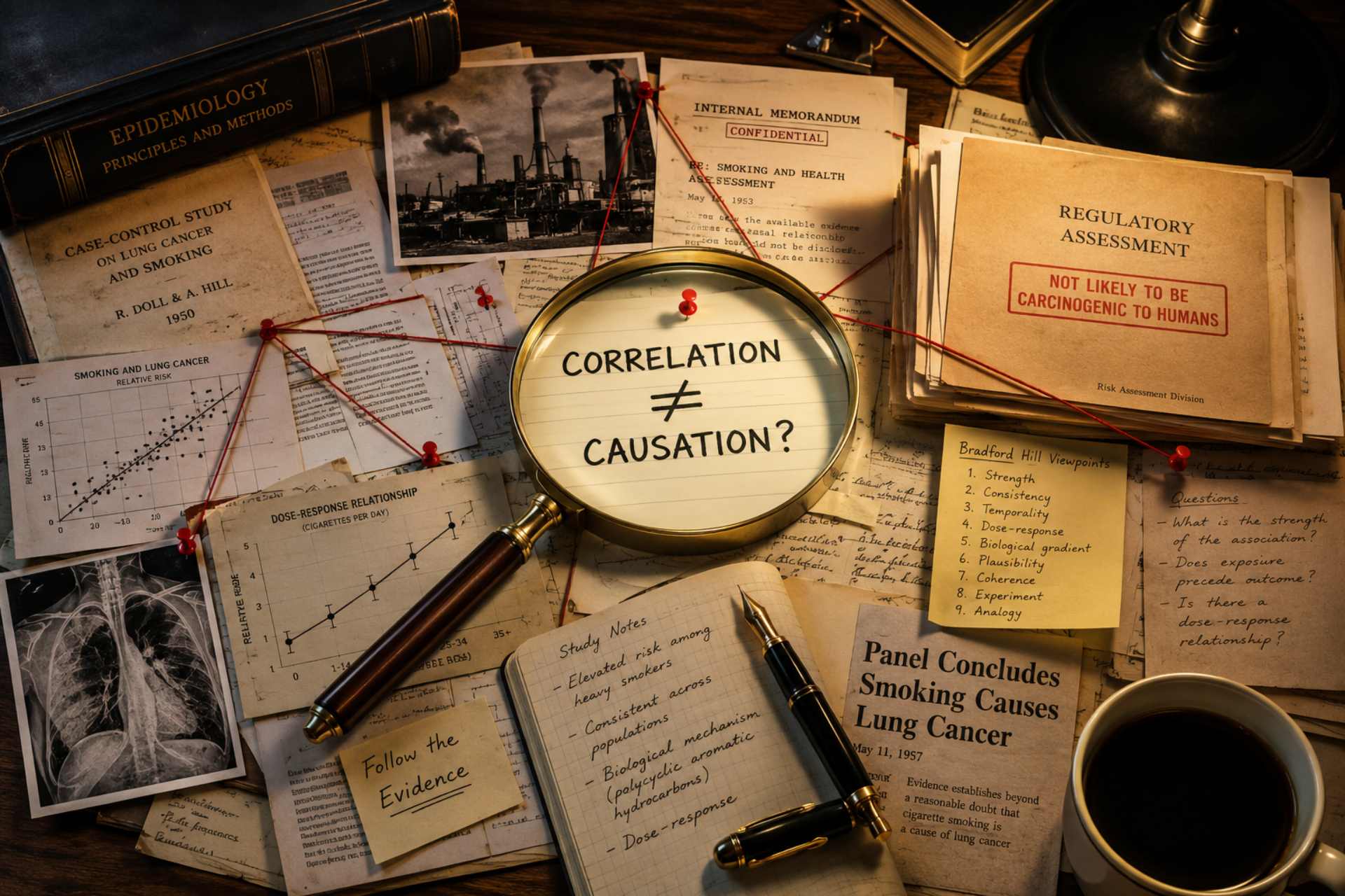 A magnifying glass rests over a handwritten card reading