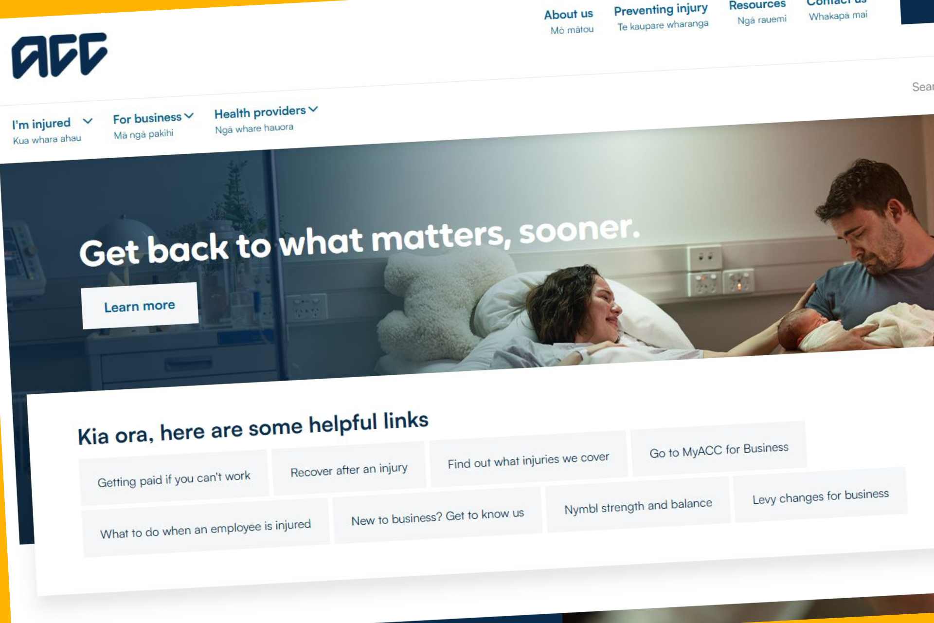 Screenshot of the ACC (Accident Compensation Corporation) New Zealand homepage illustrating an article on glyphosate and ACC's