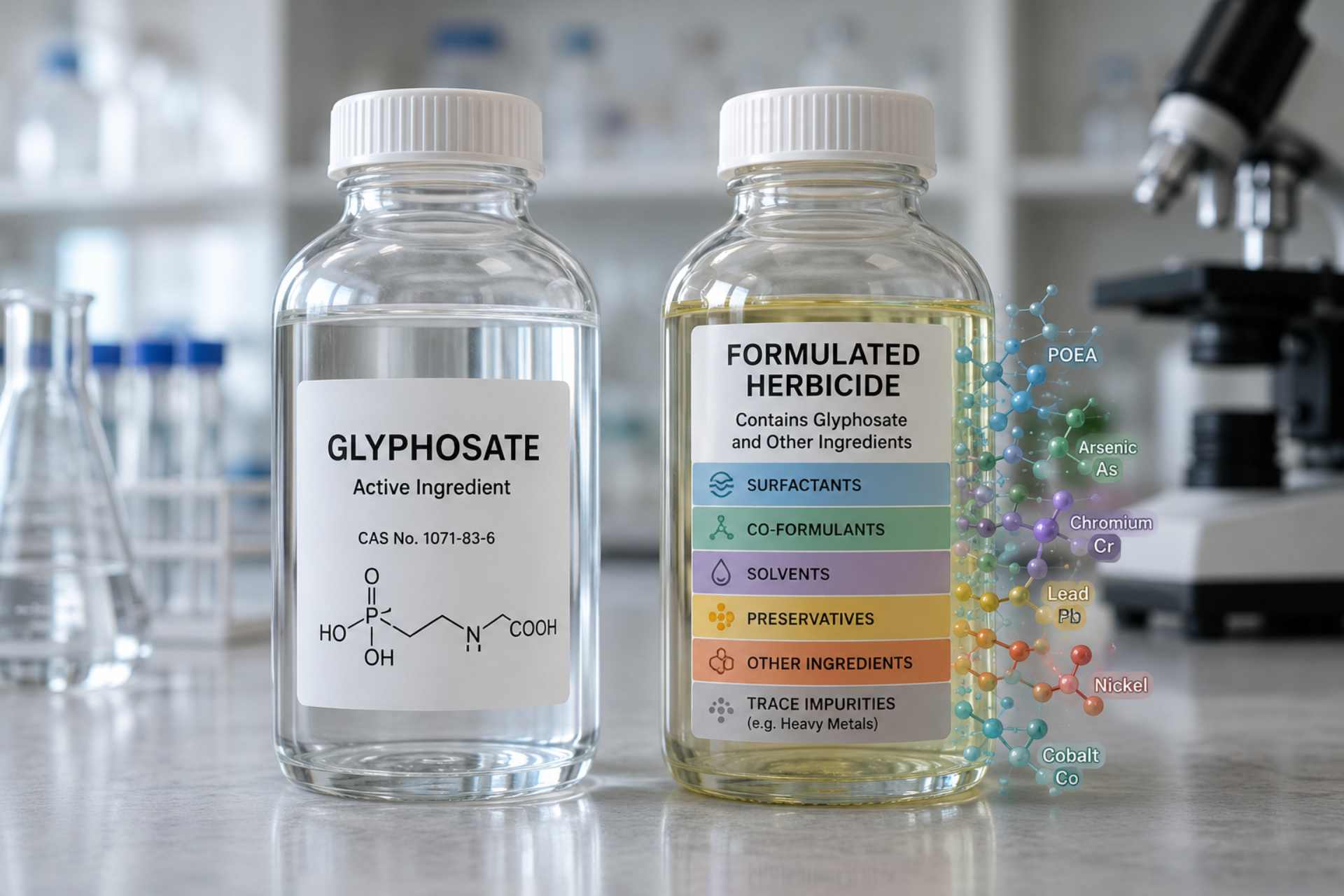 Laboratory bottles labelled glyphosate and formulated herbicide illustrate the difference between testing a single active ingredient and assessing a complete commercial herbicide formulation.