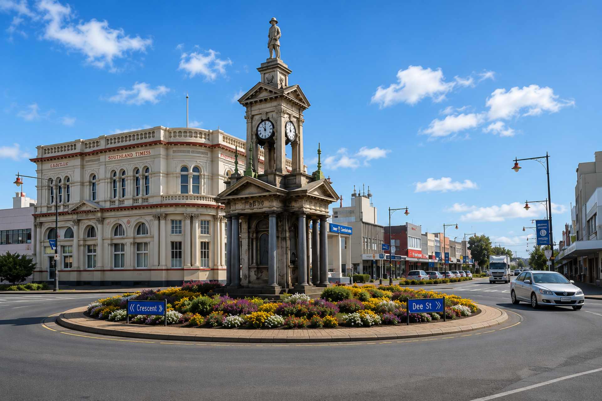 South African War Memorial roundabout in central Invercargill, illustrating Invercargill City Council herbicide use and public space spraying.