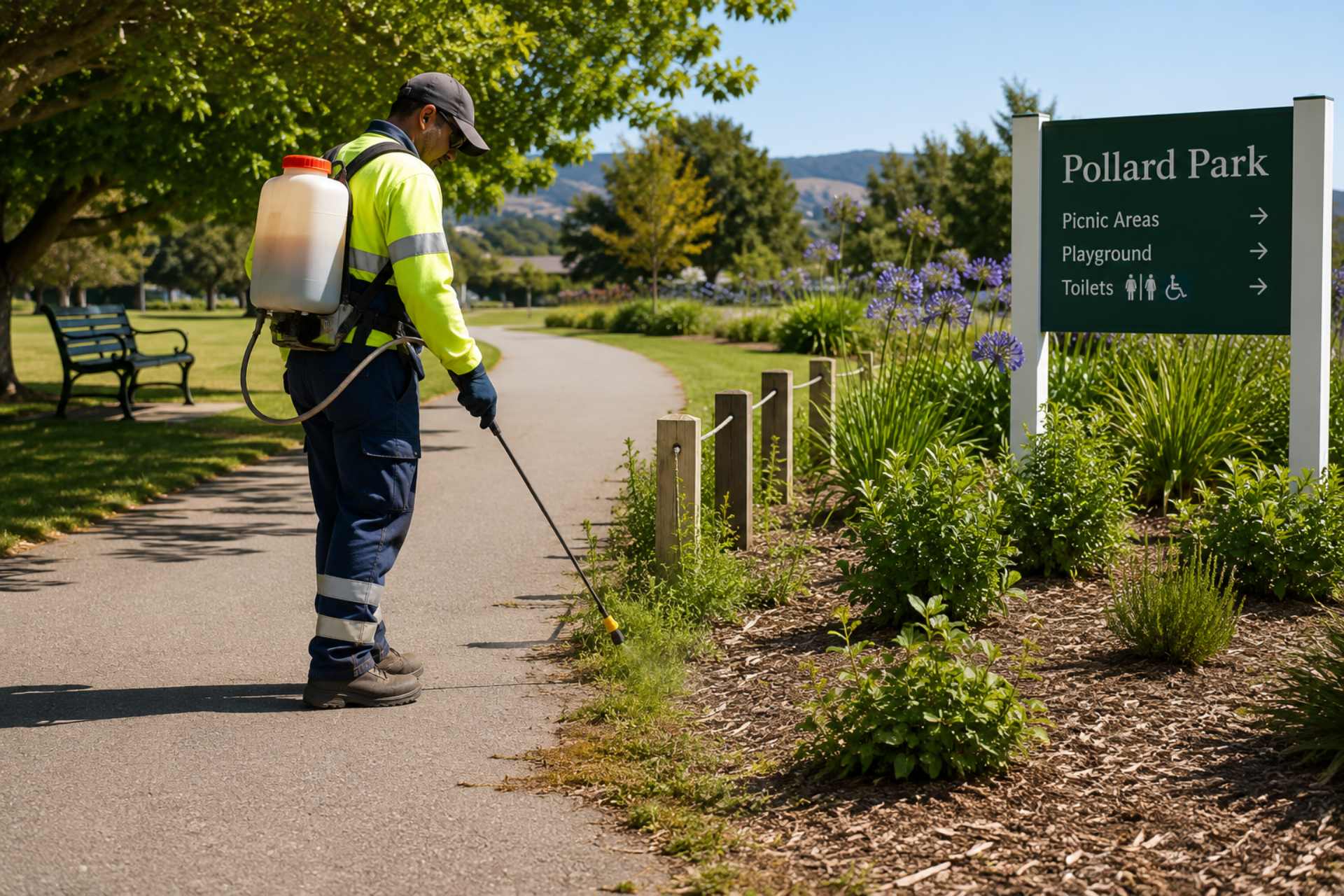 Council contractor carrying out weed management in a Marlborough public park.