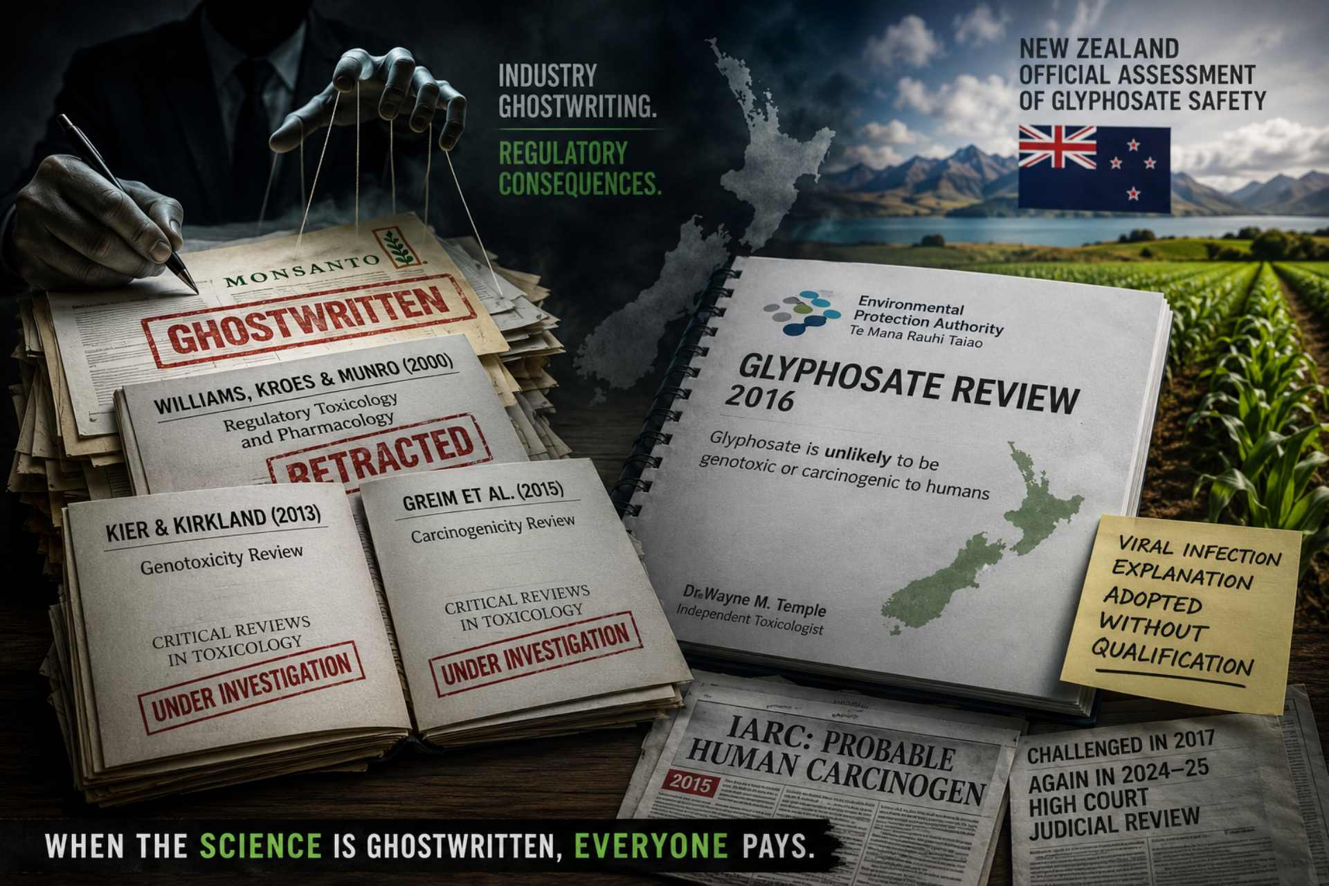 A dramatic editorial illustration showing a stack of scientific papers labelled as ghostwritten, retracted, or under investigation beside a New Zealand glyphosate safety review report. The image symbolises questions about the integrity of scientific evidence used in regulatory decision-making, with documents, research papers, and a New Zealand backdrop representing the influence of disputed industry-linked studies on official glyphosate assessments.